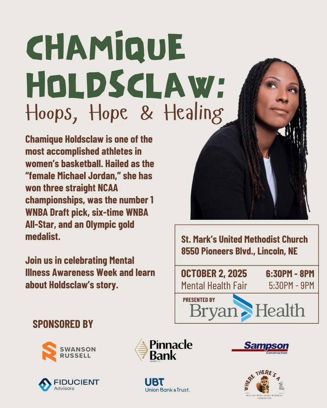 🏀✨ Hoops, Hope &amp; Healing with Chamique Holdsclaw! ✨🏀
Catch WNBA legend &amp; Olympic gold medalist Chamique Holdsclaw in Lincoln on October 2, 2025! She&rsquo;ll share her powerful journey of basketball greatness and mental health advocacy duri