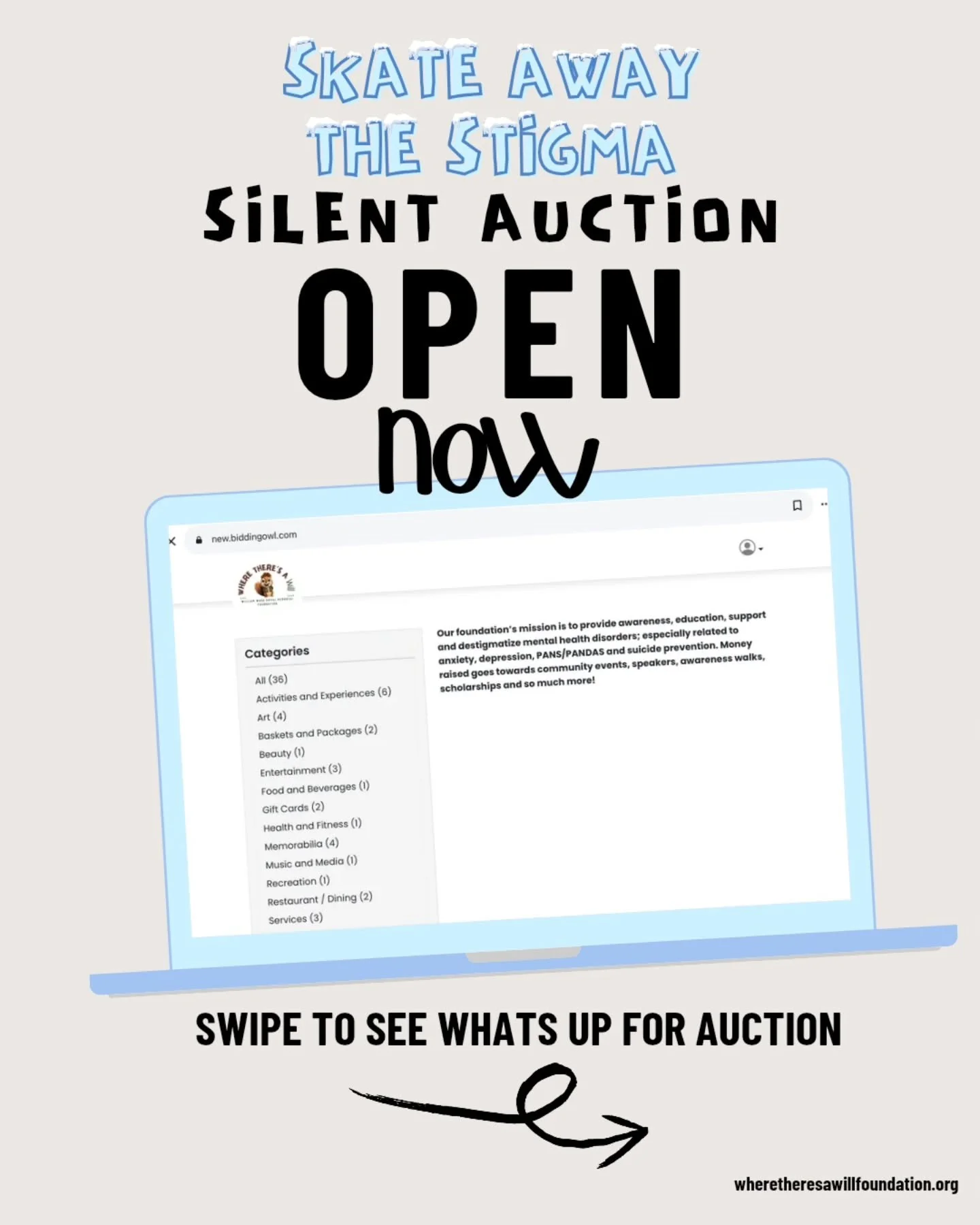 Our silent auction is now open! We have 35+ items up for auction and it is open to everyone! Even if you cannot attend Skate Away The Stigma, you can still bid and if you win, we will arrange for your items to be picked up or shipped. Take a look at 