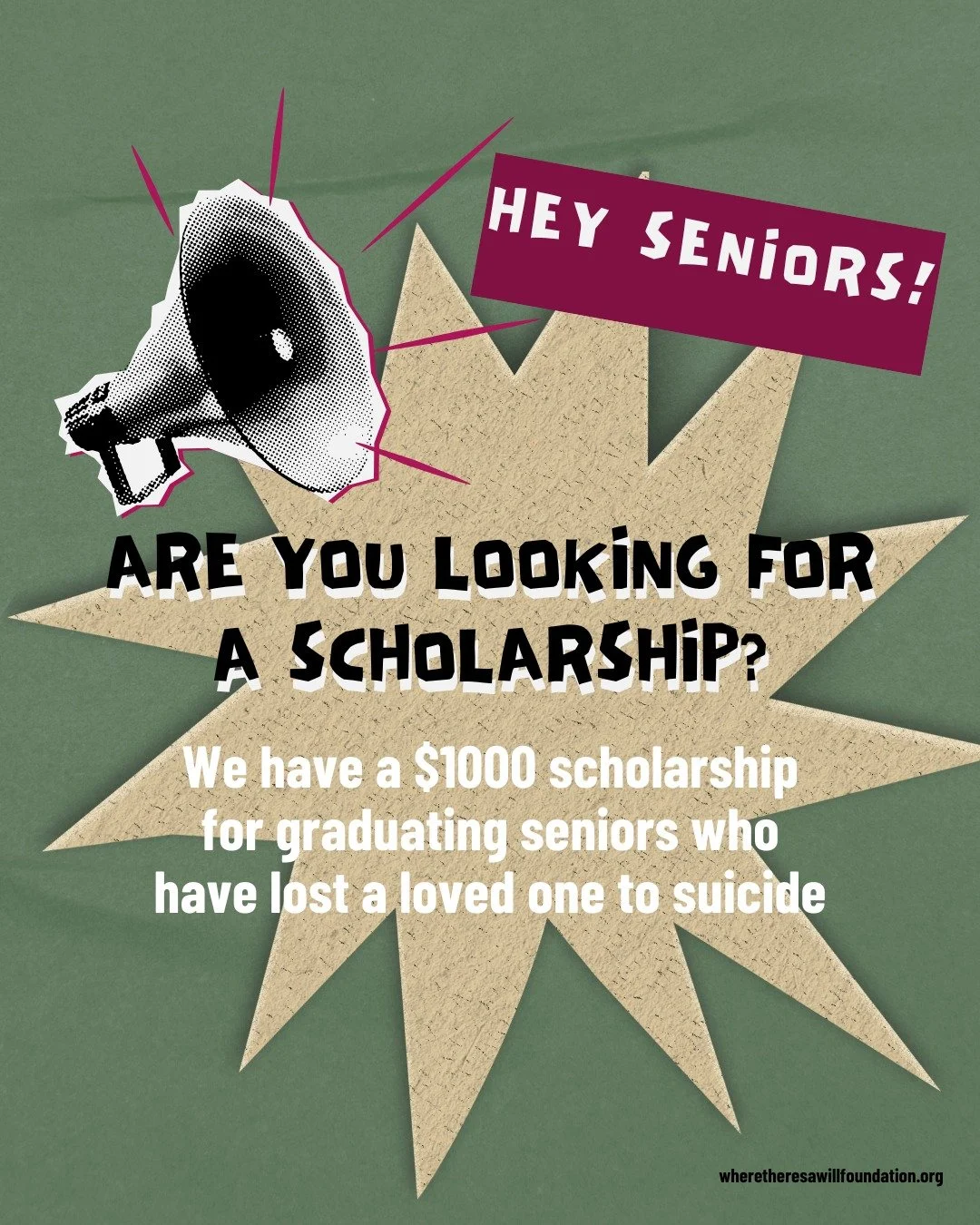 🎓 Hey seniors! Are you looking for a scholarship?
We&rsquo;re offering a $1,000 scholarship for graduating seniors who have lost a loved one to suicide. 💚

You&rsquo;re not alone&mdash;and your story matters. This scholarship is one small way to ho