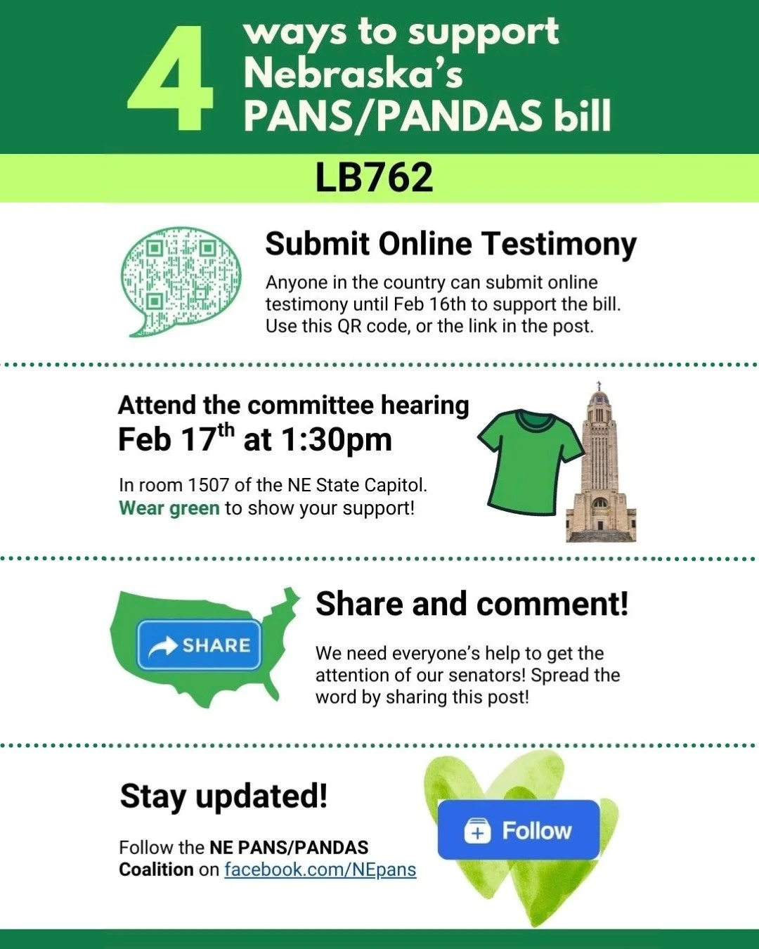 Call to action! Here are some very practical way to support families with PANS/PANDAS. Please take 2 minutes to submit online testimony and stand up for Nebraska kids with PANS/PANDAS.

📣 1. Submit online testimony:

Anyone can submit testimony, eve