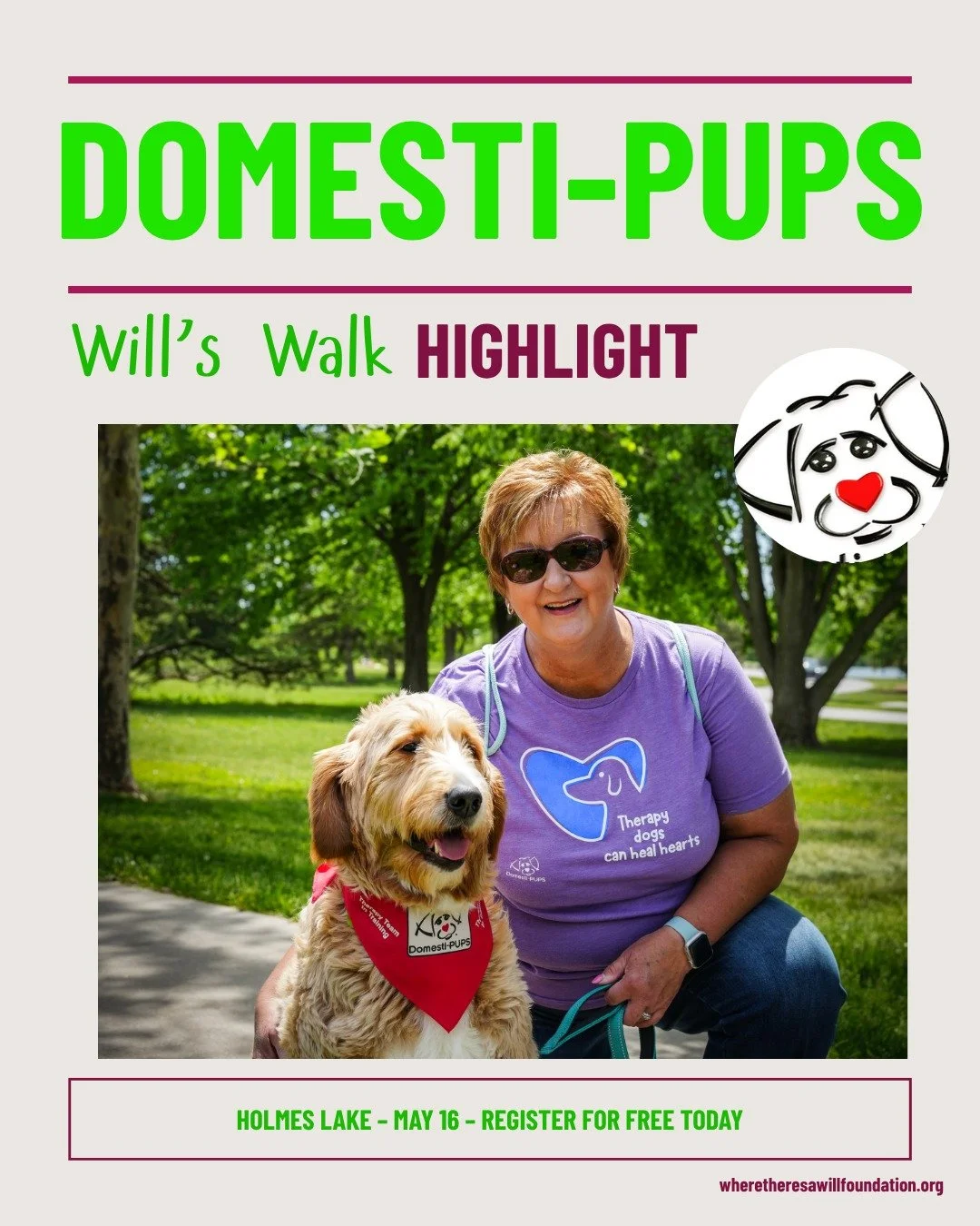 🌟Will's Walk Highlight🌟 Domesti-PUPS will be returning to the walk! Come cuddle with some therapy dogs! Register for free today at the link in bio!

PS only 3 days left to order a yard sign