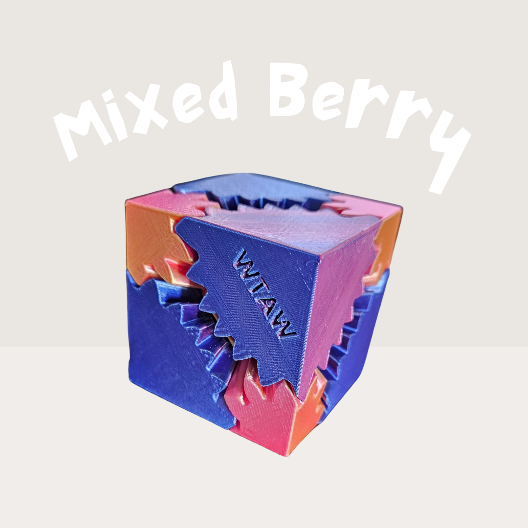 Mixed Berry 3D-printed gear fidget cube with purple, pink, and orange rotating gears and 'WTAW' engraving.