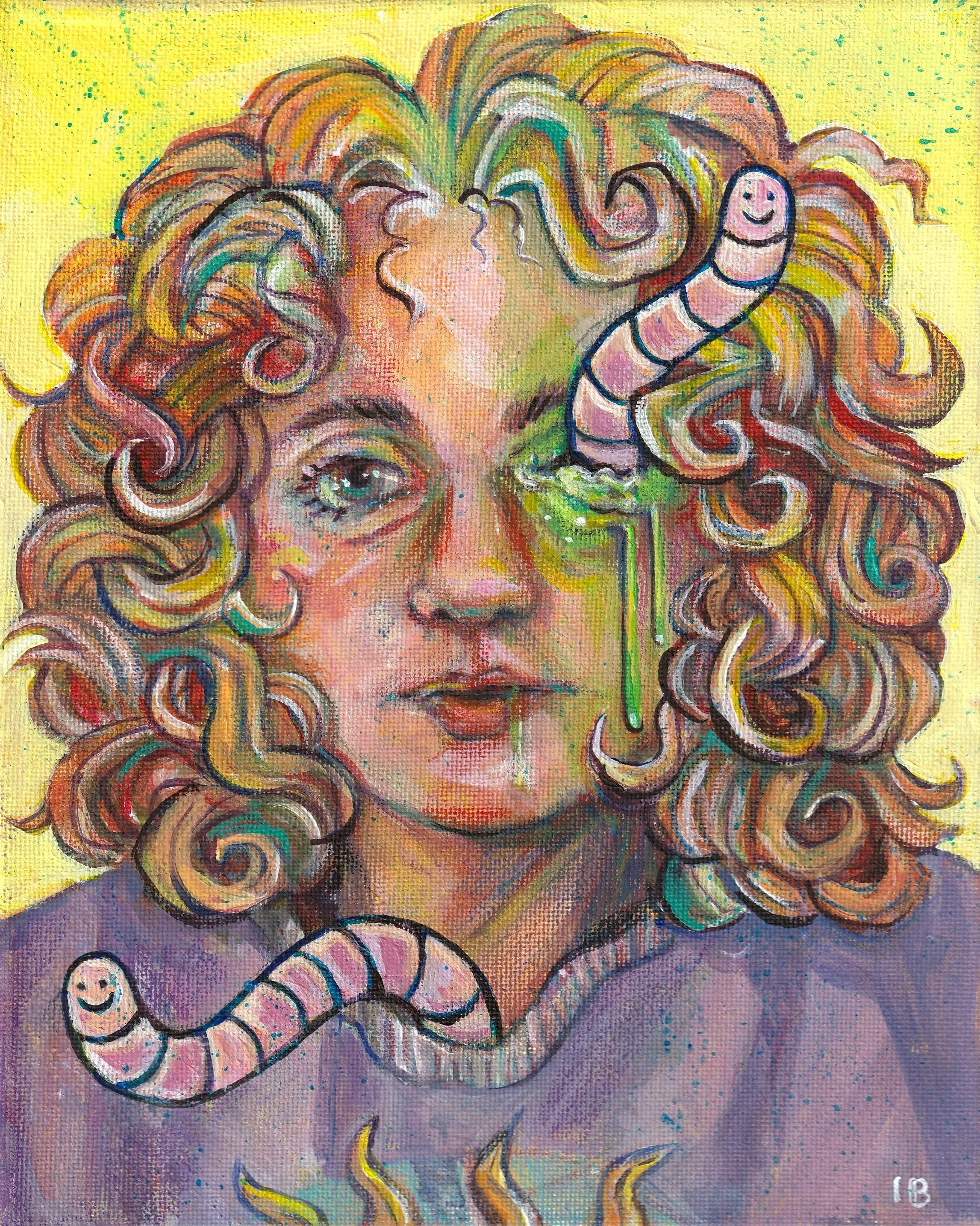 &lsquo;Self Portrait with Stye, 2026&rsquo; mixed media on dollar store canvas- started over the summer and finished up for @up__mag &lsquo;s recent Spooky Season show. Nice to be painting again. 🎨 🪱 👁️ Thanks to Up Magazine and @theburenbkny for 