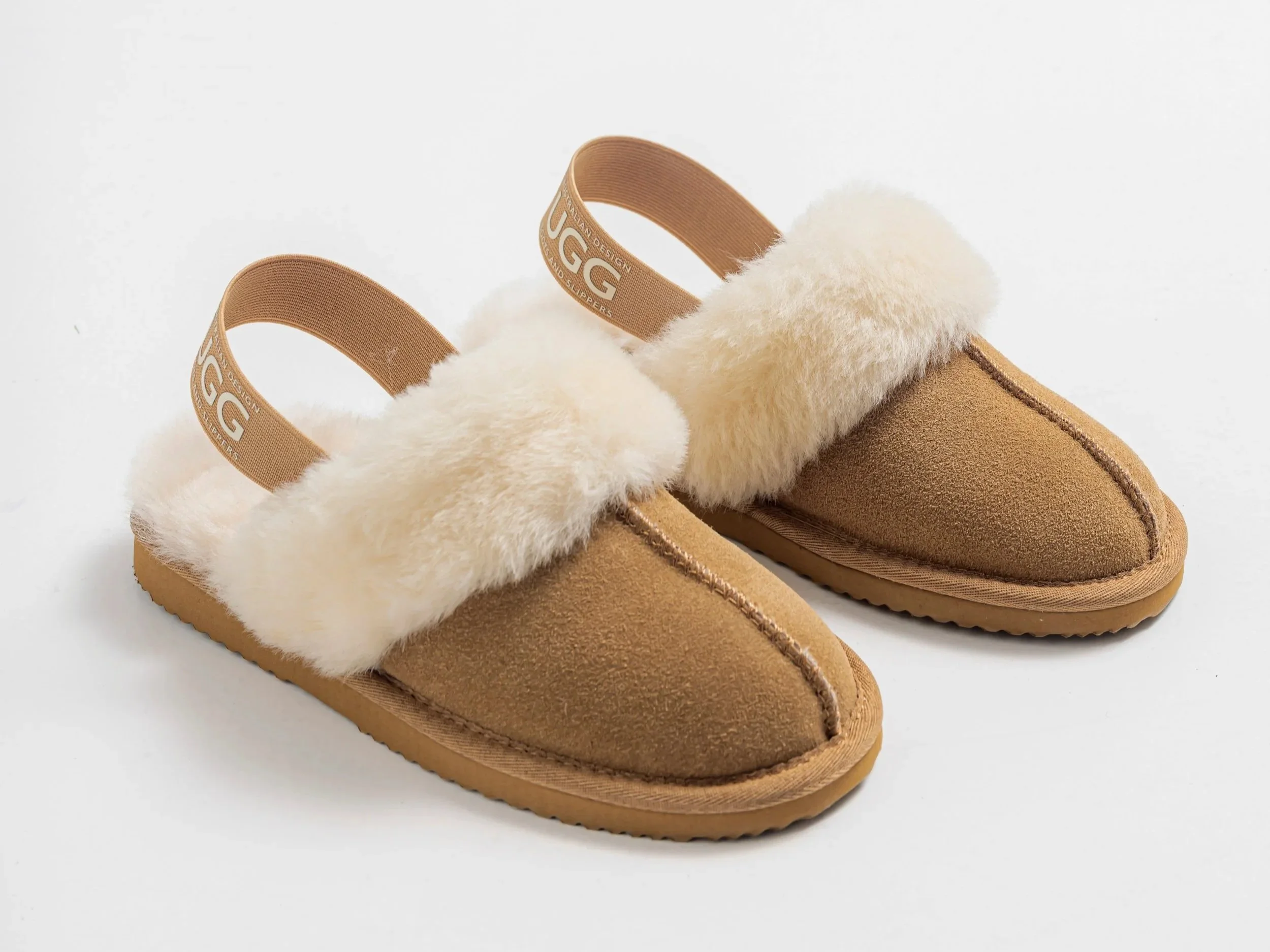 Women's Sheepskin and Leather Platform Sling Back Slipper - Chestnut