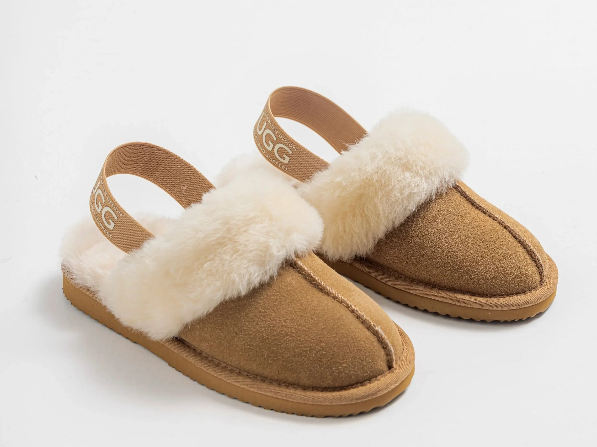 Girl's Leather and Sheepskin Elastic Scuff Slippers - Chestnut