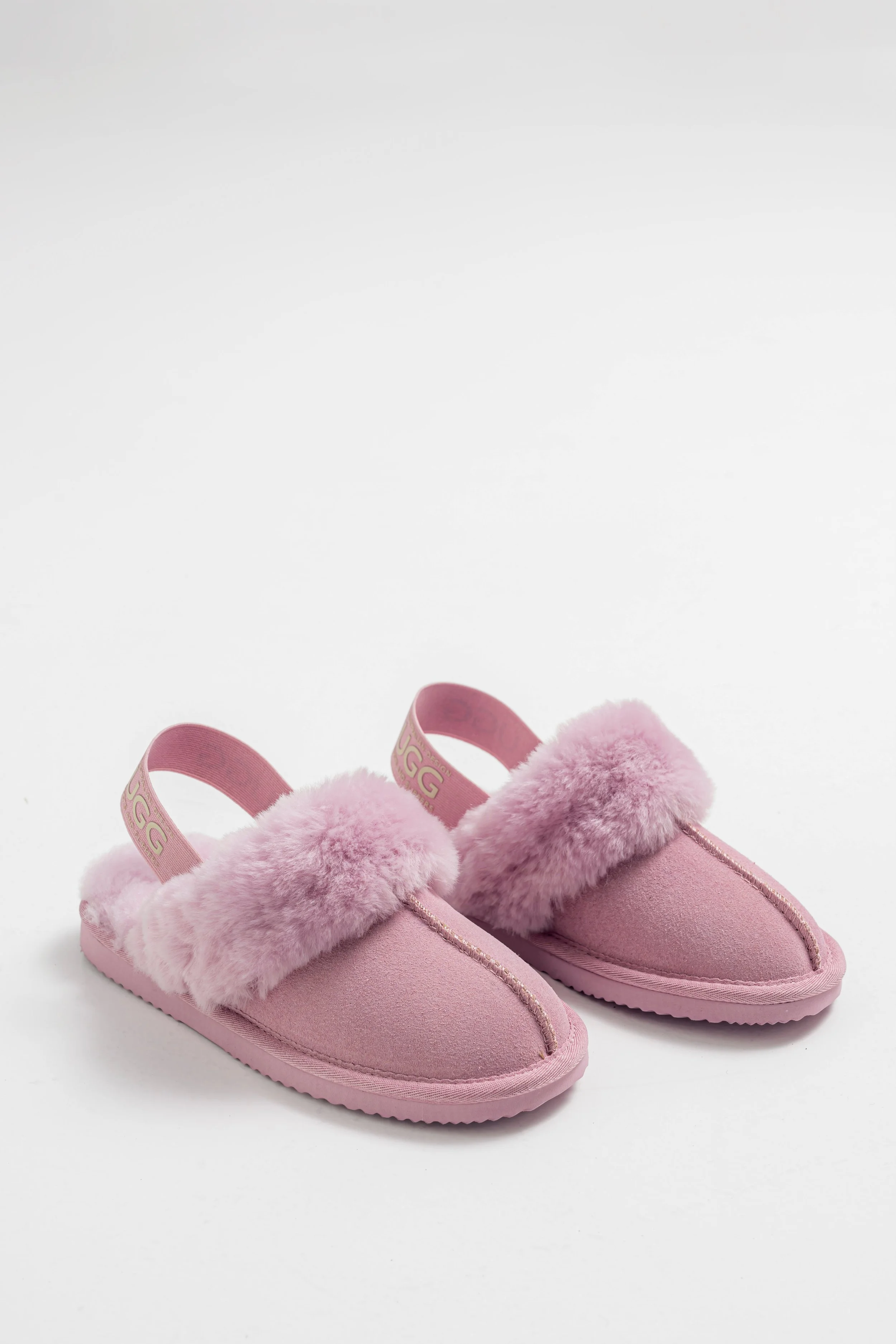 Girl's Leather and Sheepskin Elastic Scuff Slippers - Pink