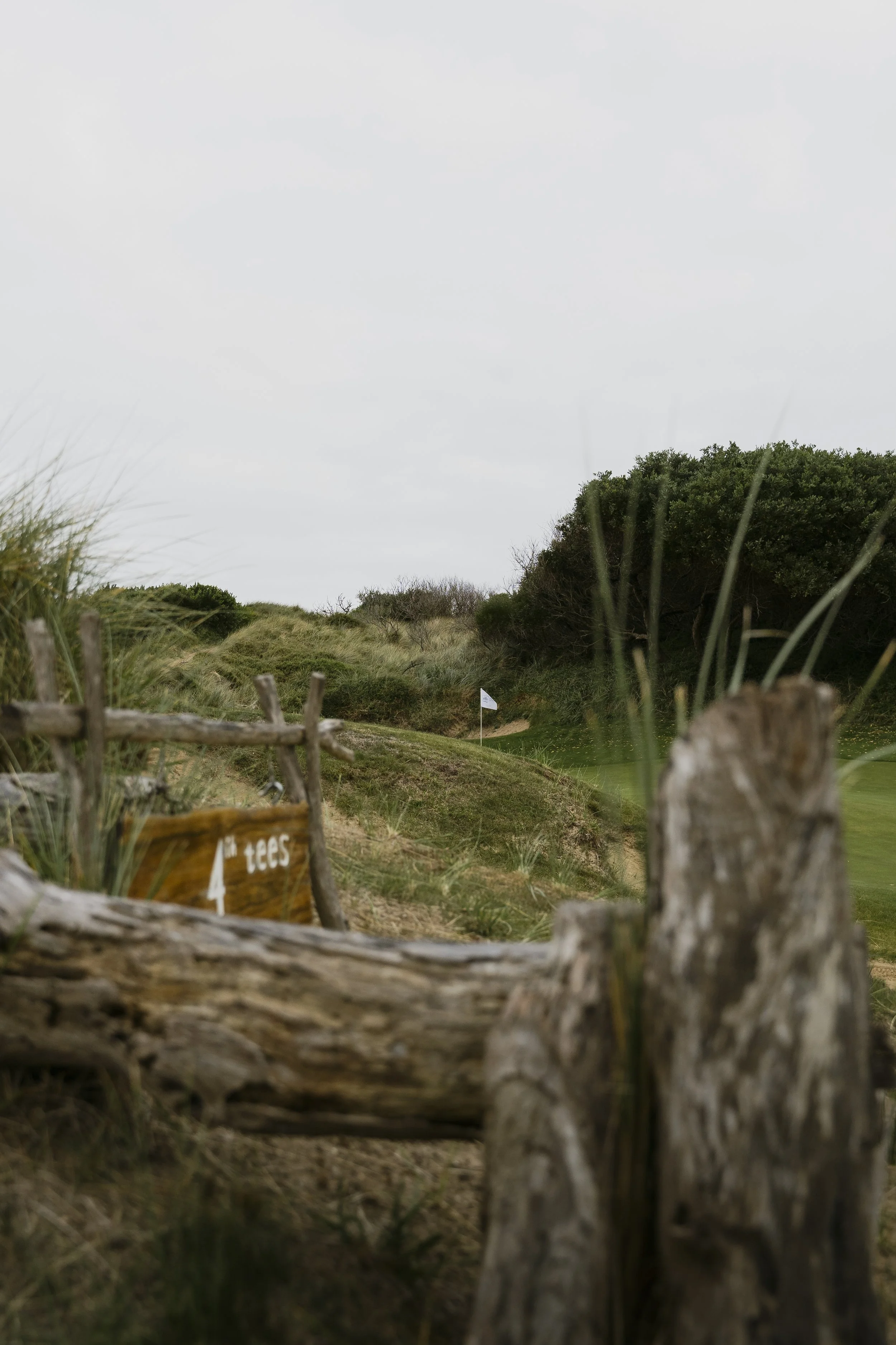A sandy pathway bordered by weathered wooden posts and a handwritten sign that says '4 Tees' with a small flag visible in the distance among green bushes and trees under a cloudy sky.