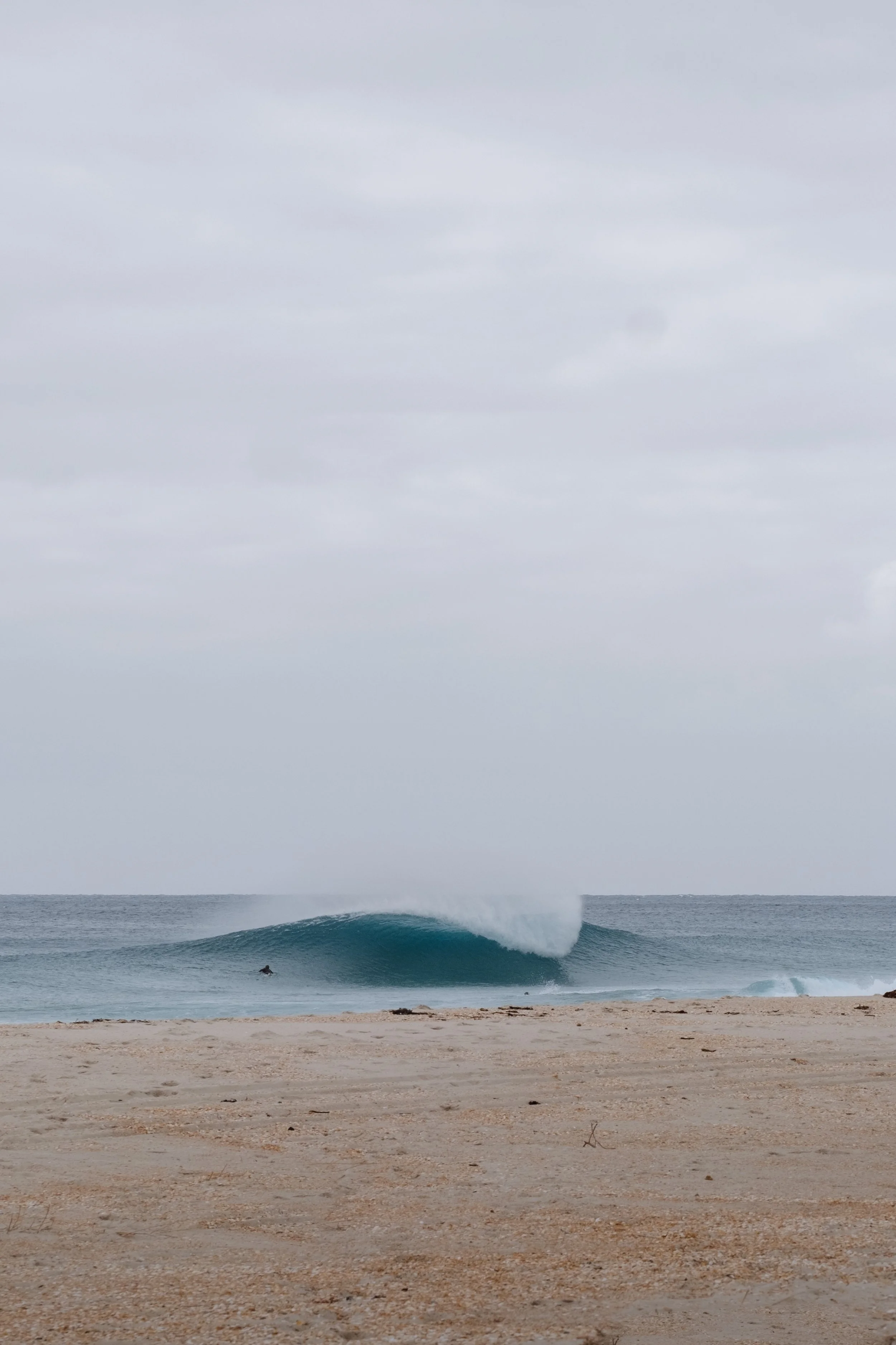 A person surfing on a wave at the beach, with a cloudy sky overhead.