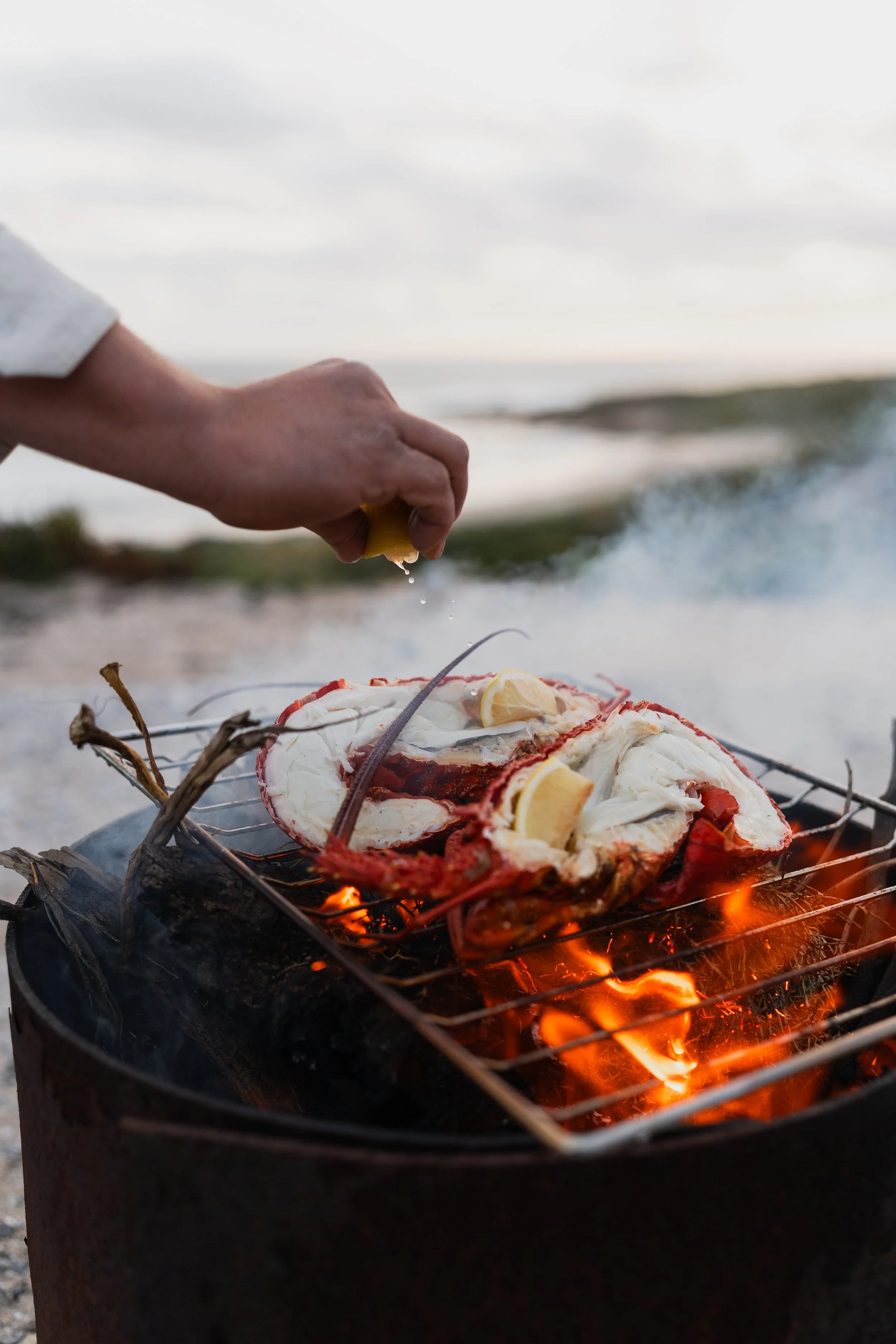 A person preparing lobster on a grill over an open fire by the beach, with the ocean and cloudy sky in the background.