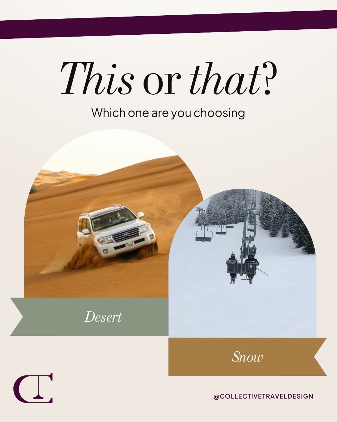Sand in your shoes or snow in your hair?

Pick your perfect getaway: Desert 🐫 or Snow ❄️?

👇 Vote below!

#AdventureAwaits #TravelGame #ThisOrThatChallenge #CollectiveTravel #CollectiveTravelDesign