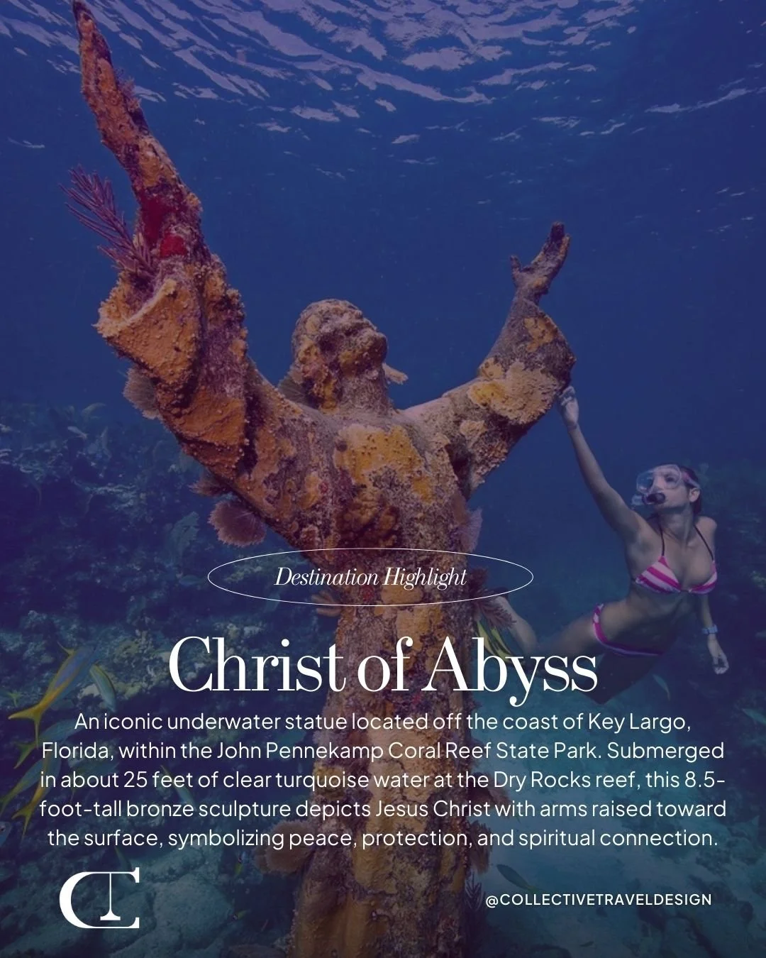 Have you ever seen a statue beneath the sea? 🤿✨ 

Dive into serenity with the Christ of the Abyss in Key Largo.

#UnderwaterWonder #KeyLargo #ChristOfTheAbyss #FloridaKeys #DiveIntoAdventure #CollectiveTravel #CollectivTravelDesign