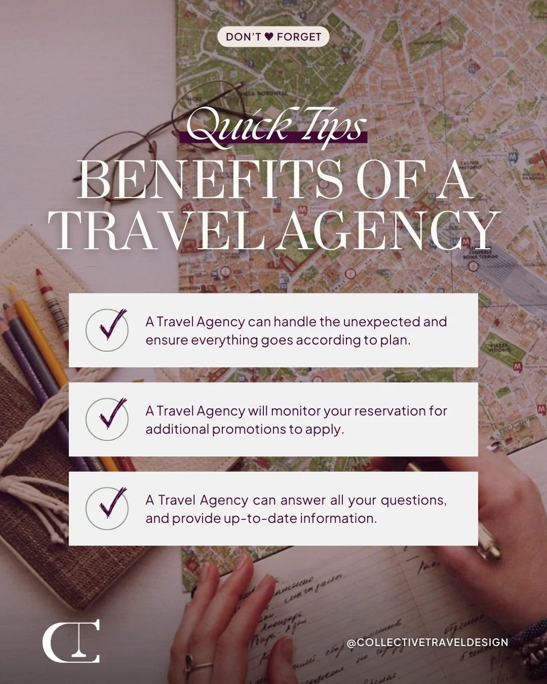 Why stress over the details when a travel agency can handle it all? ✈️💼

Travel smarter, not harder. Let a trusted travel agency handle the details, so you can focus on the journey.

#TravelSmart #TravelAgencyPerks #CollectiveTravel #CollectiveTrave