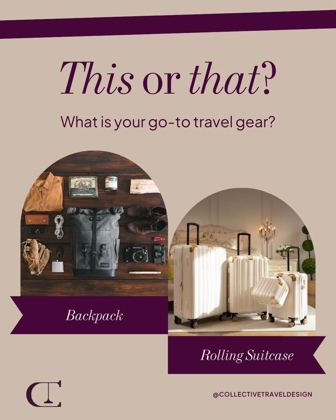 Which one&rsquo;s your ride-or-die travel companion: backpack or suitcase? ✈️💼

#ThisOrThat #TravelChoices #PackSmart #CollectiveTravel #CollectiveTravelDesign