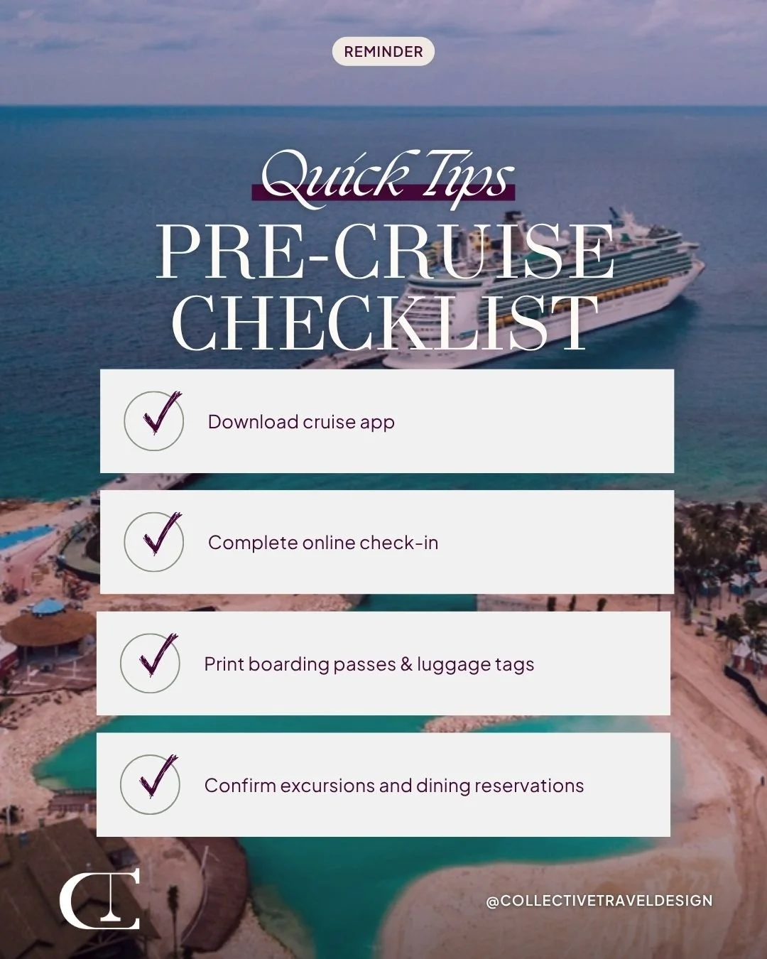 Smooth sailing starts before you board &mdash; don&rsquo;t skip the pre-cruise prep! ⚓

What is the first thing you do when you board? 

#CruiseChecklist #CruiseDay #SmoothSailings #TravelTips #CollectiveTravel #CollectiveTravelDesign