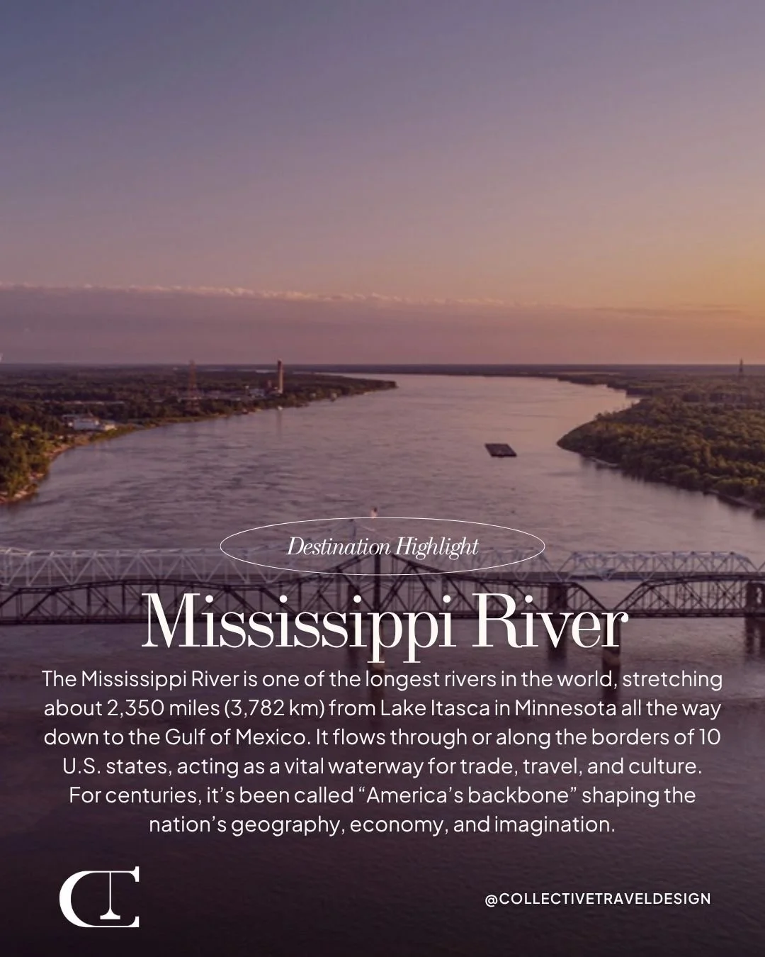 Flowing through ten U.S. states, the mighty Mississippi River has shaped America&rsquo;s story for centuries &mdash; a river of trade, travel, and timeless beauty. 🌊✨

Would you cruise its waters or explore its river towns?

#MississippiRiver #Trave