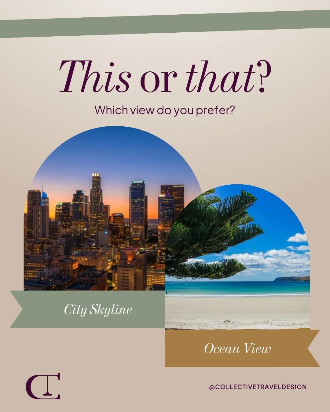 Both views are dreamy, but which one speaks to your soul? 🌆🌴 

#TravelMood #ThisOrThat #BeachView #CitySkylines #CollectiveTravel #CollectiveTravelDesign