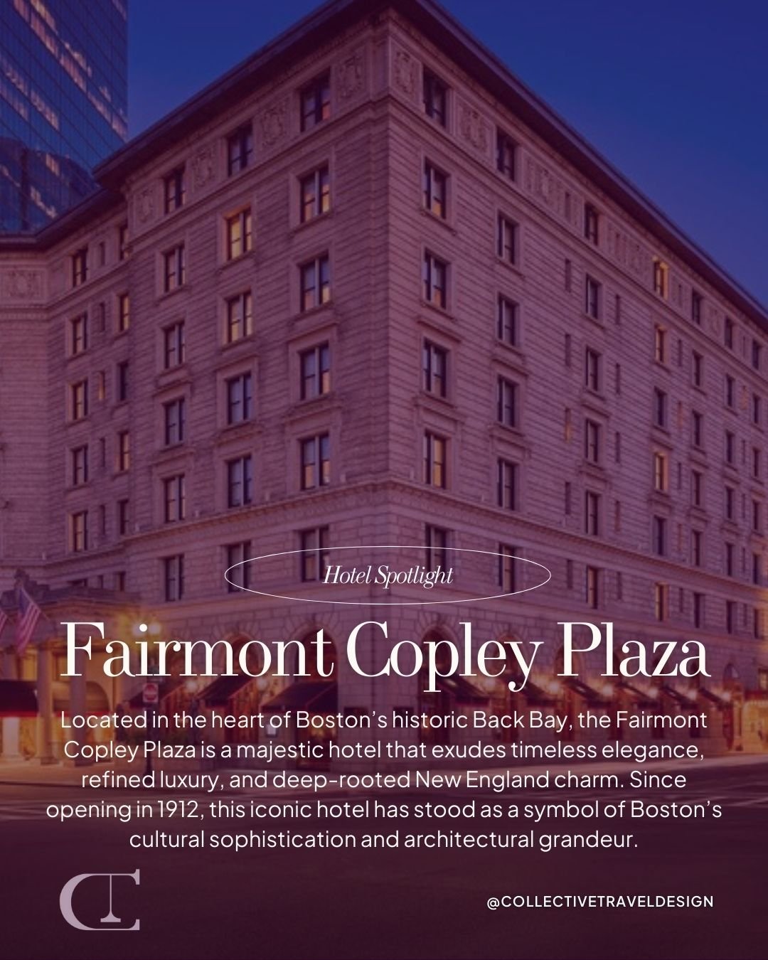 Have you strolled through Boston&rsquo;s Back Bay and discovered this timeless gem? 🏛️✨

Fairmont Copley Plaza has been a symbol of elegance and New England charm since 1912&mdash;where history meets luxury in the heart of the city.

#HotelSpotlight
