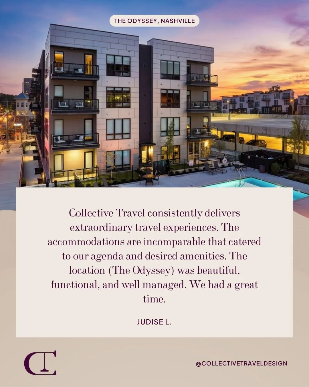 "Nothing brings us more joy than hearing from happy travelers ✨

Judise's Nashville getaway at The Odyssey is what we do best: seamless planning, luxury accommodations, and unforgettable memories.

Ready to begin? Comment TRAVEL, then check your