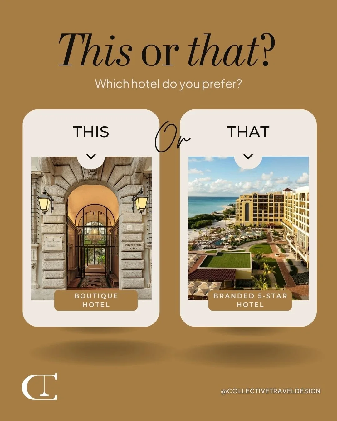Where are you checking in next: cozy boutique vibes or iconic 5-star comfort? 

Ready to begin? Comment TRAVEL, then check your DMs, and let's start planning!

#ThisOrThat #TravelStyle #HotelPreference #TravelChoices #CollectiveTravel #CollectiveTrav