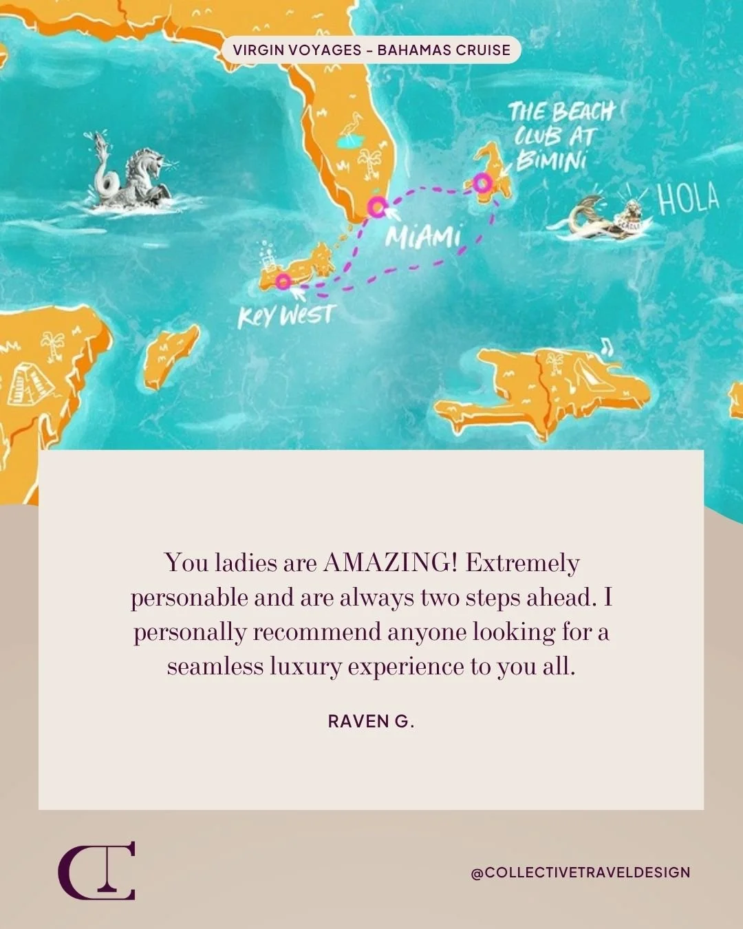 This is why we do what we do. ✨ 

Thank you, Raven, for trusting us with your Virgin Voyages Bahamas cruise experience! From Miami to Key West to The Beach Club at Bimini, we're honored to have curated every detail of your journey. When our clients d