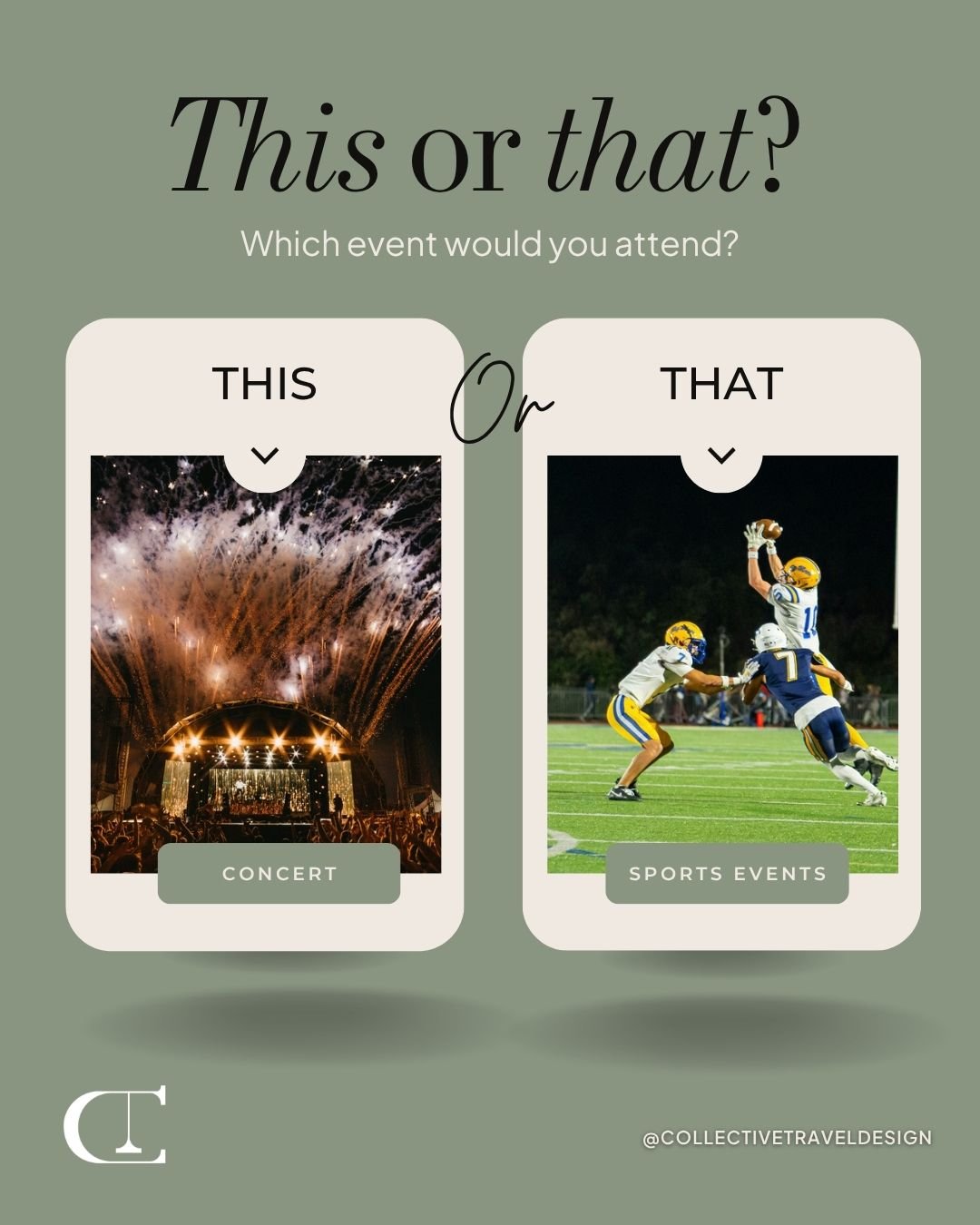 Front row vibes or game-day energy? ✨
Concert 🎤 or sports event 🏟️ Which experience are you choosing? 

Comment TRAVEL (then check your DMs) and let's plan your trip to the event of your dreams!

#ThisOrThat #CityFun #LiveEvents #CollectiveTravel #