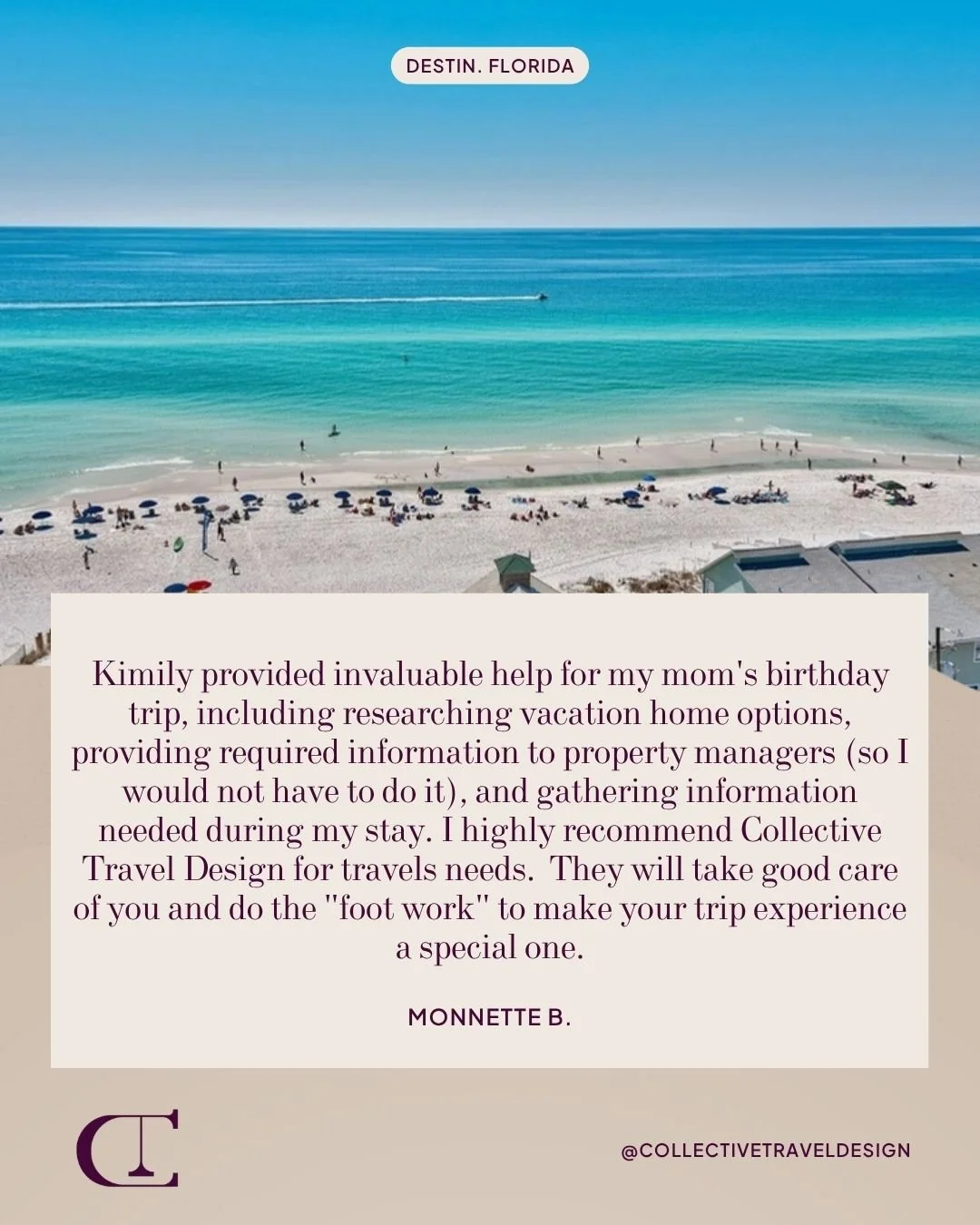 From vacation home research to property manager coordination, we do the ""foot work"" so you don't have to. Thank you, Monnette, for trusting us with such a special occasion! 

Ready for your own worry-free getaway?

Comment TRAVE