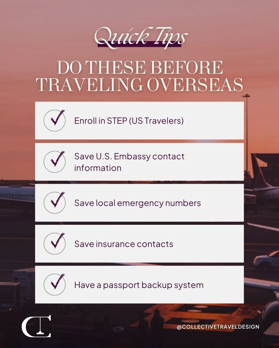 Before you go overseas, set yourself up for a smoother trip. 🌍✈️ A few quick steps can make all the difference if the unexpected happens.

Have you checked these off your list yet?

Comment TRAVEL, then check your DMs, to get your trip started with 
