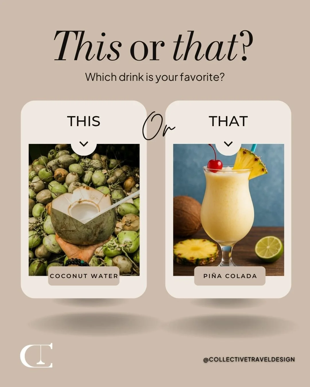 Tropical vibes only! 🌺 

Would you go for the pure refreshment of coconut water or the creamy bliss of a pi&ntilde;a colada? 🥥🍍

#ThisOrThatTravel #TropicalMood #CoconutWater #Pi&ntilde;aColada #CollectiveTravel #CollectiveTravelDesign