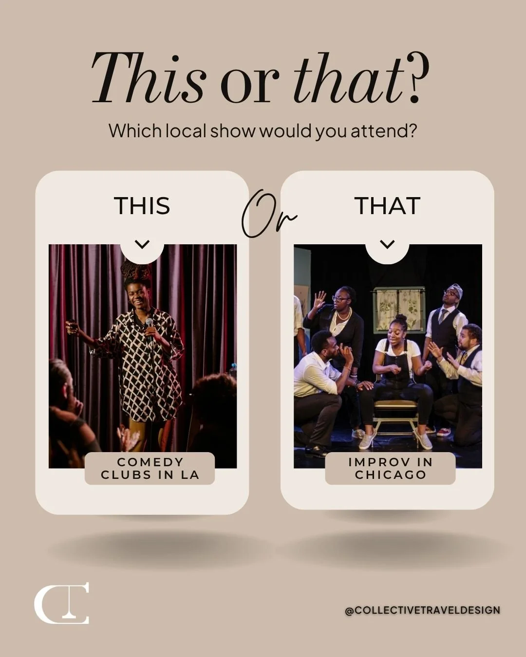 Laughs on the West Coast or quick wit in the Midwest? 😄

Comedy clubs in LA or improv in Chicago, what&rsquo;s your pick?

Comment TRAVEL, then check your DMs, to get your trip started with us.

#ThisOrThat #EntertainmentTravel #CityVibes #Collectiv