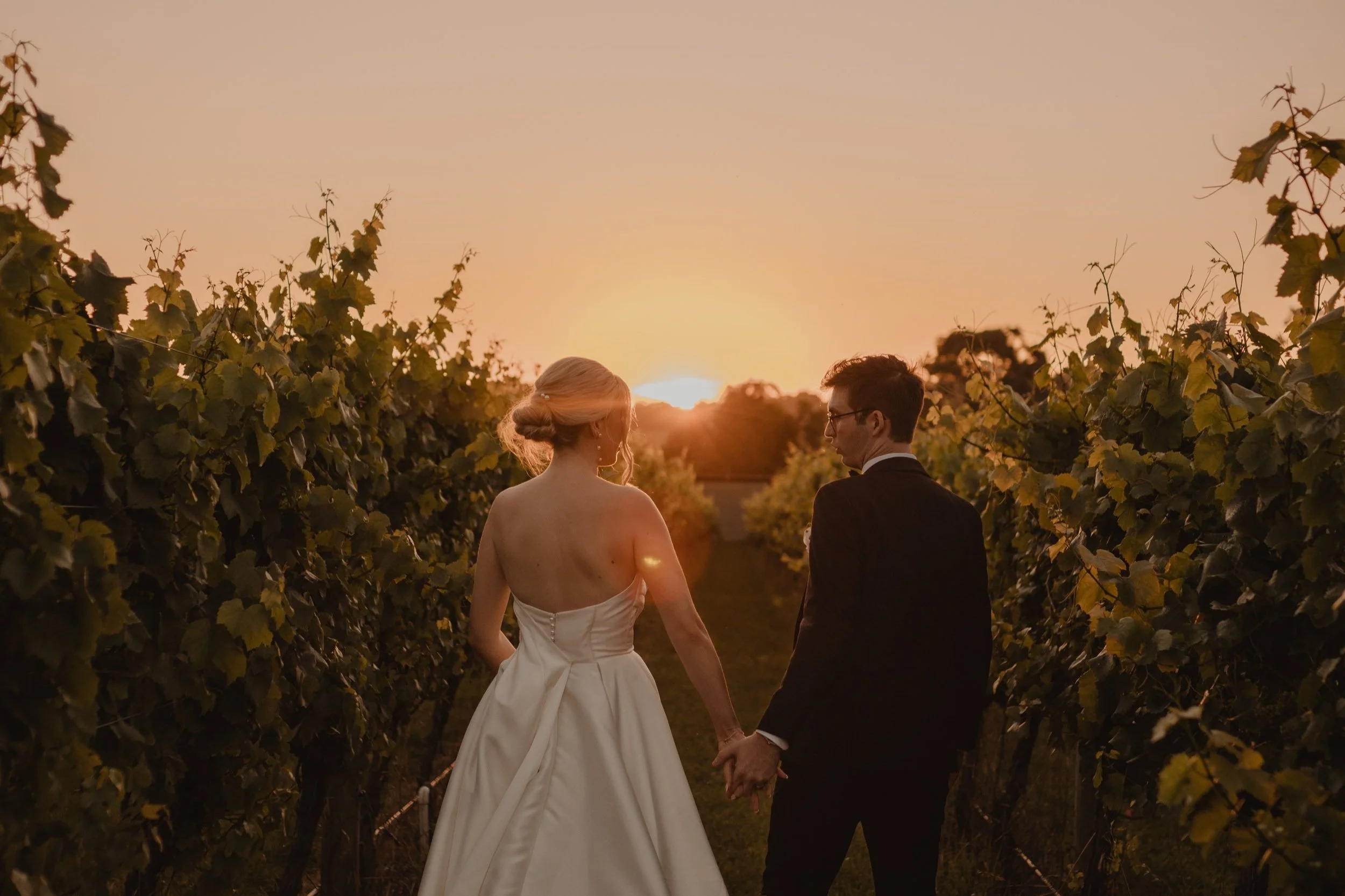 A bride and groom holding hands in a vineyard at sunset, facing each other with the sun setting behind them.