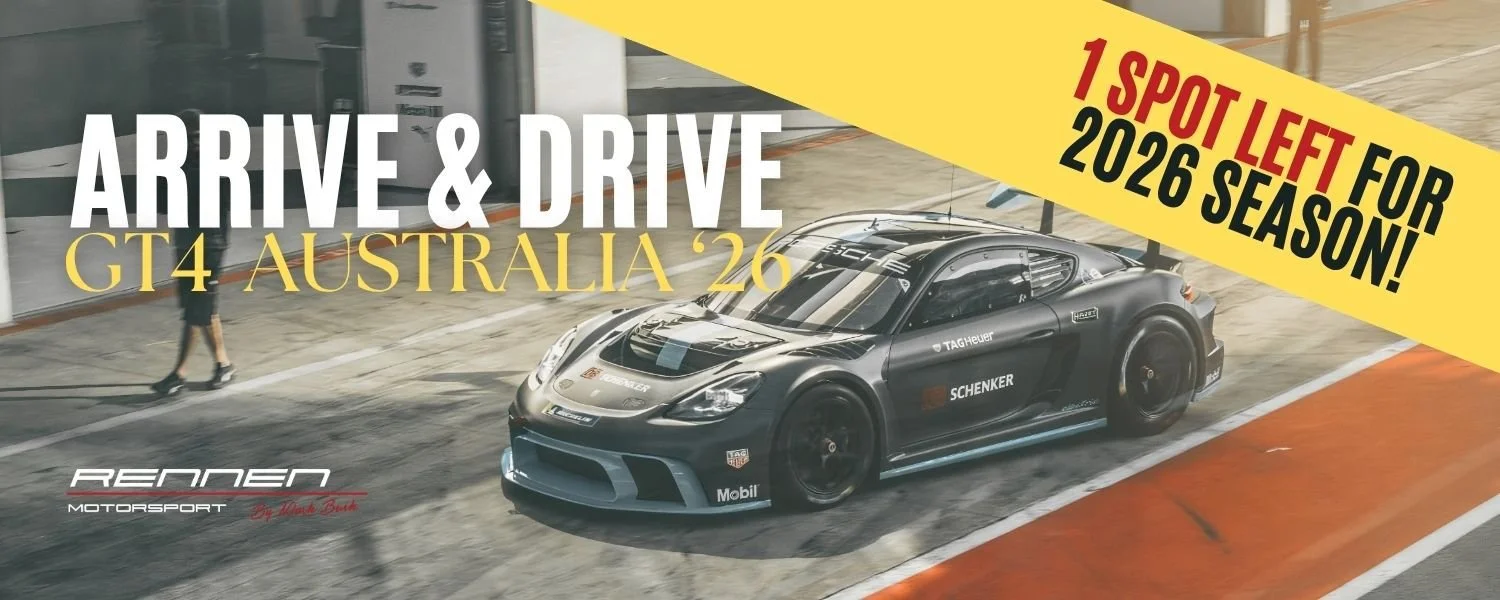 A race car in a garage or pit lane with a person walking nearby. Overlay text promotes the 2026 season of GT4 Australia, with a yellow banner stating "1 spot left for 2026 season!"