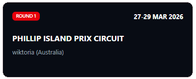 Event information for the Philip Island Prix Circuit, taking place in Wiktoria, Australia, from March 27 to 29, 2026, with highlighting of Round 1.