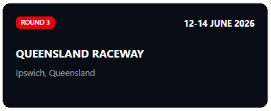 Event details for a race at Queensland Raceway, Ipswich, Queensland, from June 12 to June 14, 2026, during Round 3.