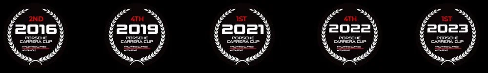 Five circular awards for Porsche Carrera Cup with different years and placements, from 2016 to 2023.