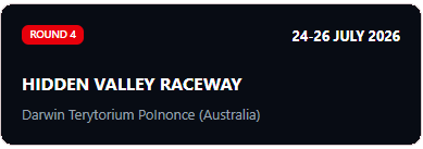 Event details for Round 4 of a race at Hidden Valley Raceway from July 24 to 26, 2026, located in Darwin Teyrtorium Polnence, Australia.
