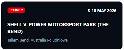 Event poster for Shell V-Power Motorsport Park race in Tailem Bend, Australia, from May 8-10, 2026, during Round 2.