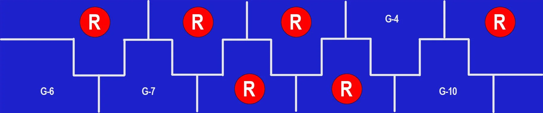 A soccer bracket with team labels G-6, G-7, G-4, G-10 and five red circles with the letter R indicating wins, some of which are connected to the teams.