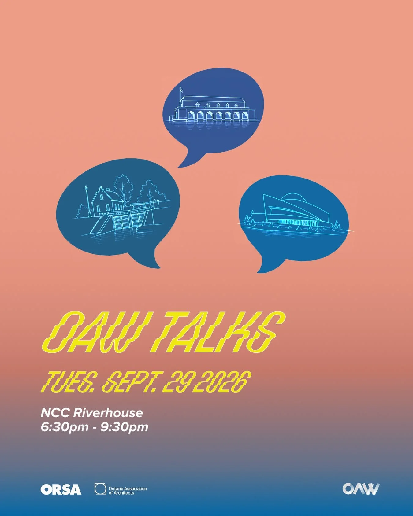 An evening of ideas, images, and conversation, right on the water! 

OAW Talks brings together creatives from across Ottawa for a fast-paced series of presentations: 20 images, 20 seconds per image. No long lectures&mdash;just a chance to share work,