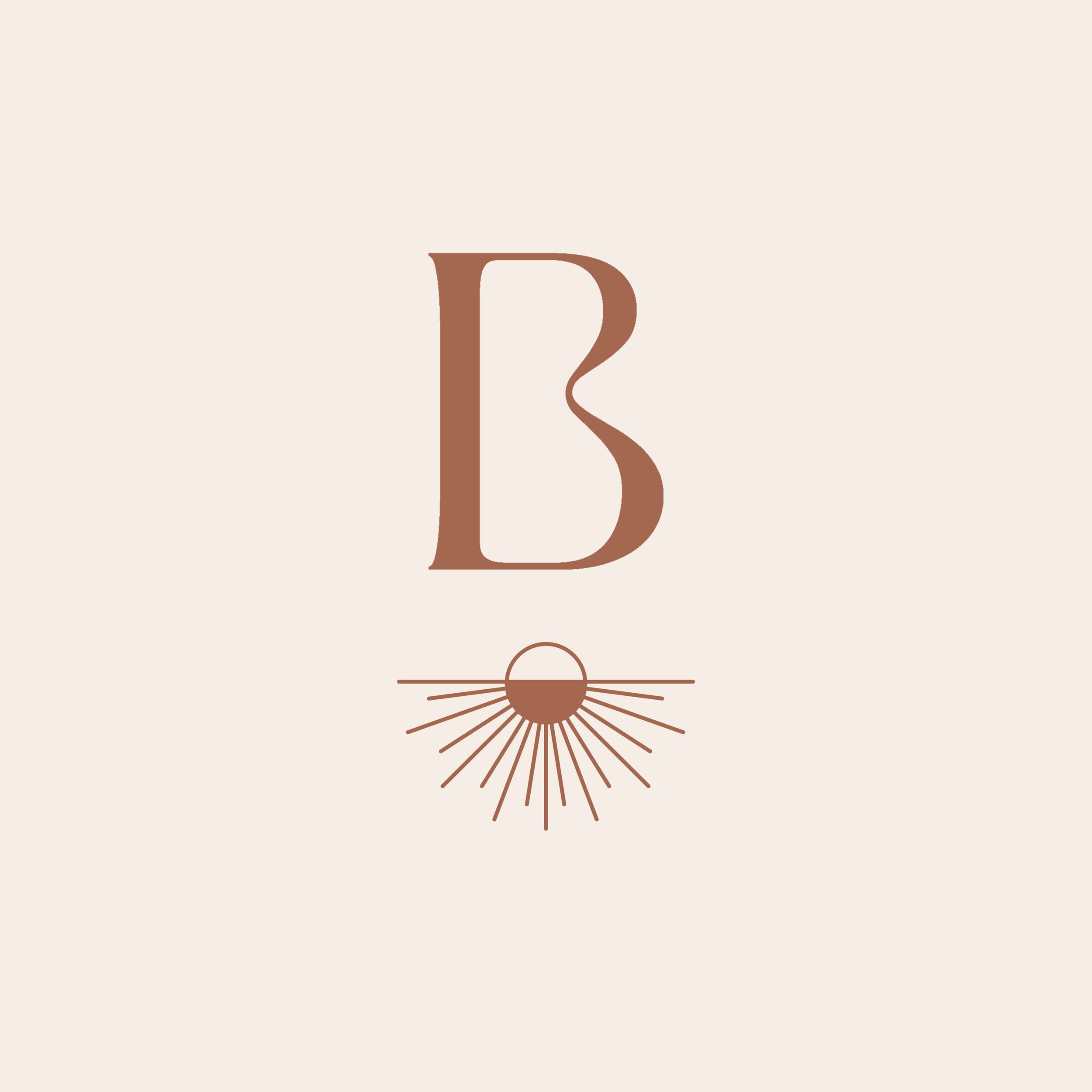 Stylized letter 'B' above a minimalist sunburst design on a cream background.