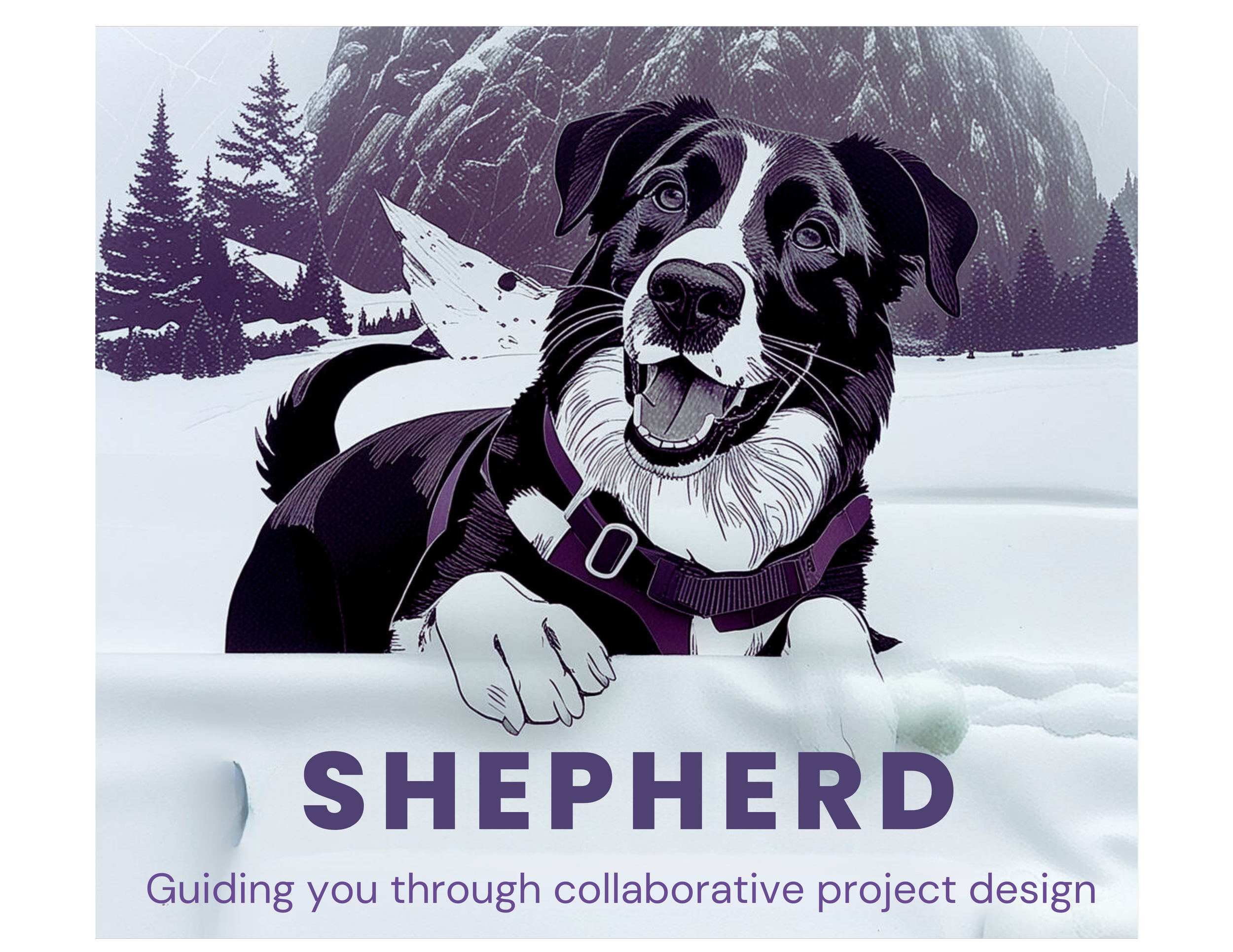 Illustration of a black and white shepherd dog wearing a purple harness, leaping over a snowy ridge with mountains and pine trees in the background. Below, the text reads "Shepherd — Guiding you through collaborative project design."