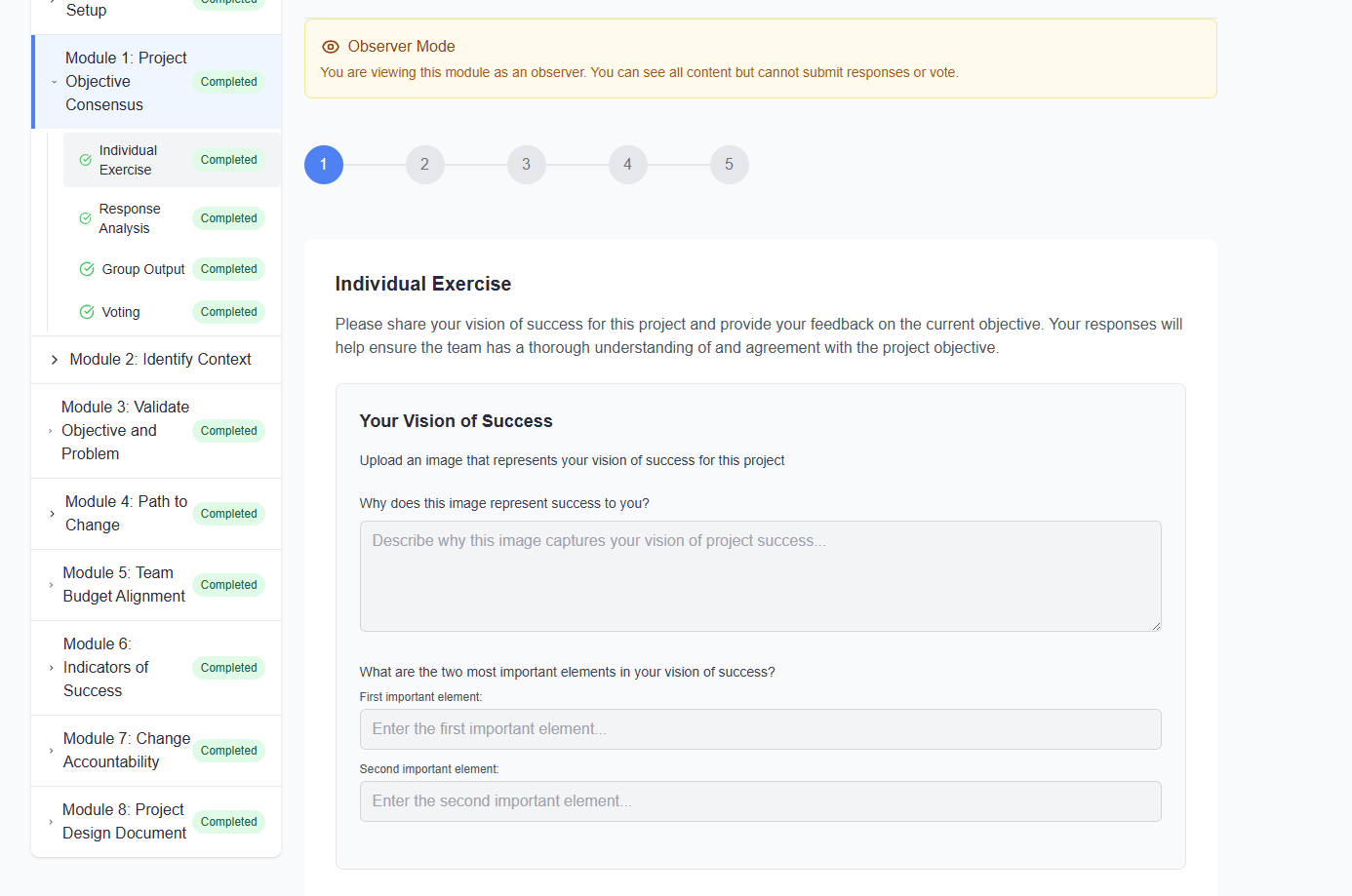 Shepherd individual exercise interface where team members share their vision of project success, showing module navigation sidebar with 8 completed modules and step-by-step progress tracking