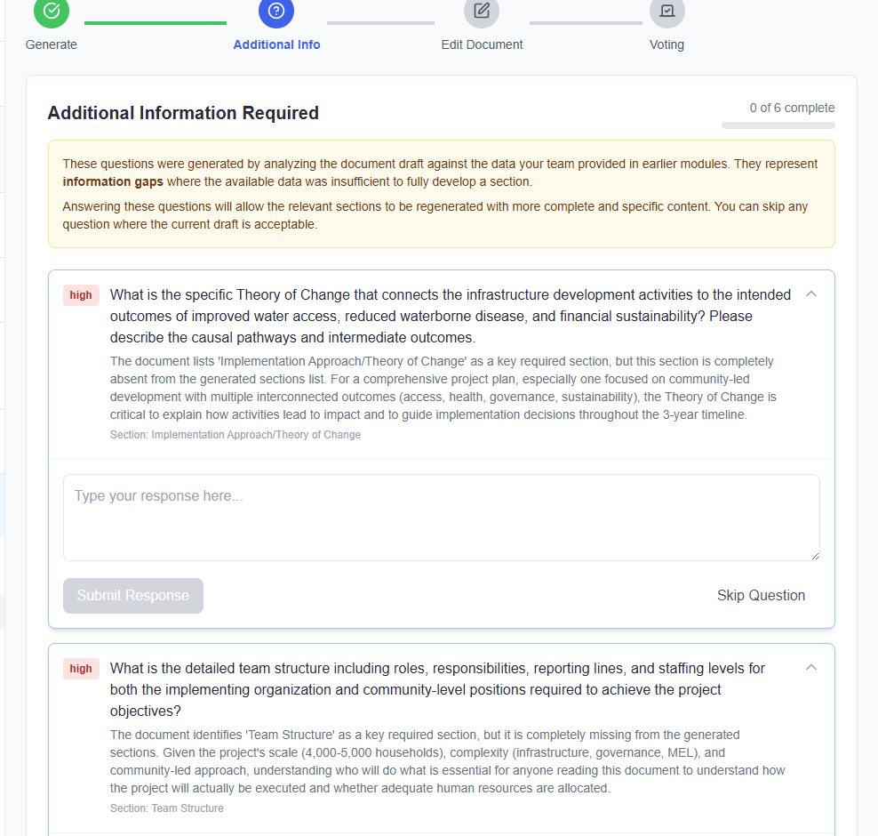 Shepherd document gap analysis identifying additional information needed from the team before finalizing the project design document, with priority-ranked questions