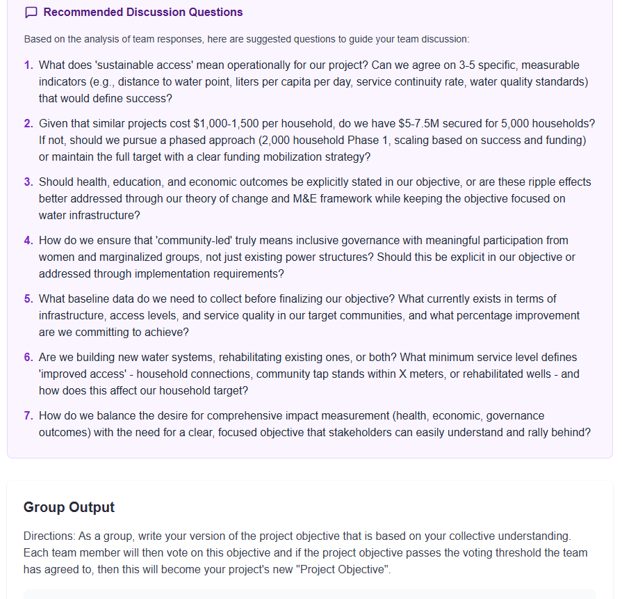 Shepherd platform showing AI-generated discussion questions for team collaborative exercise, with prompts addressing project scope, budget feasibility, and stakeholder inclusion