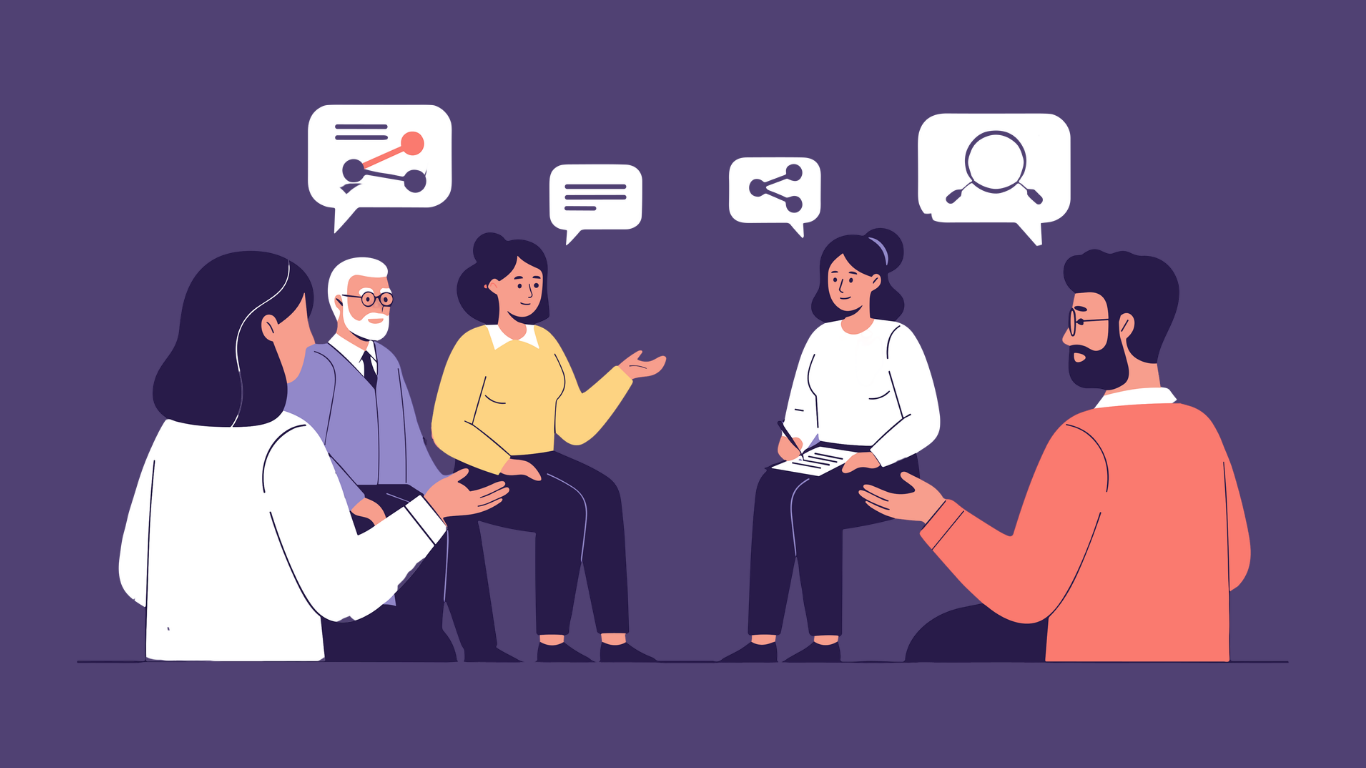 Illustration of a diverse team in collaborative discussion, with thought bubbles showing data analysis, communication, networking, and research — representing multi-stakeholder project design