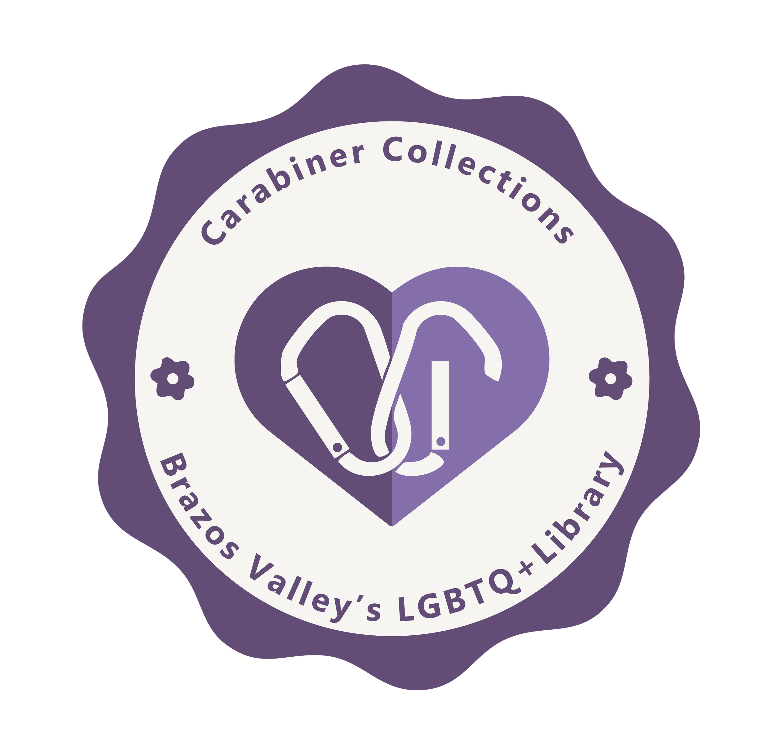 Purple and white circular logo with text 'Carabiner Collections' at the top and 'Valley's LGBTQ Pride' at the bottom, featuring a heart-shaped design in the center.