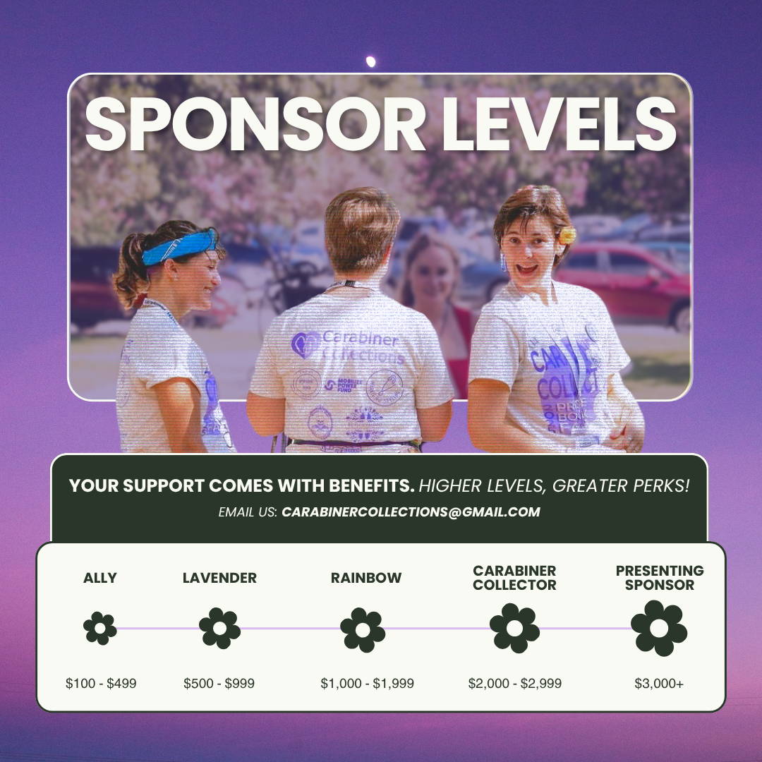 Graphic of the Carabiner Collections Representatives being interviewed wearing their Pride Book Fair 2025 t-shirts. Content encourages support for the Pride Book Fair by sharing that you get benefits at various levels of donation.