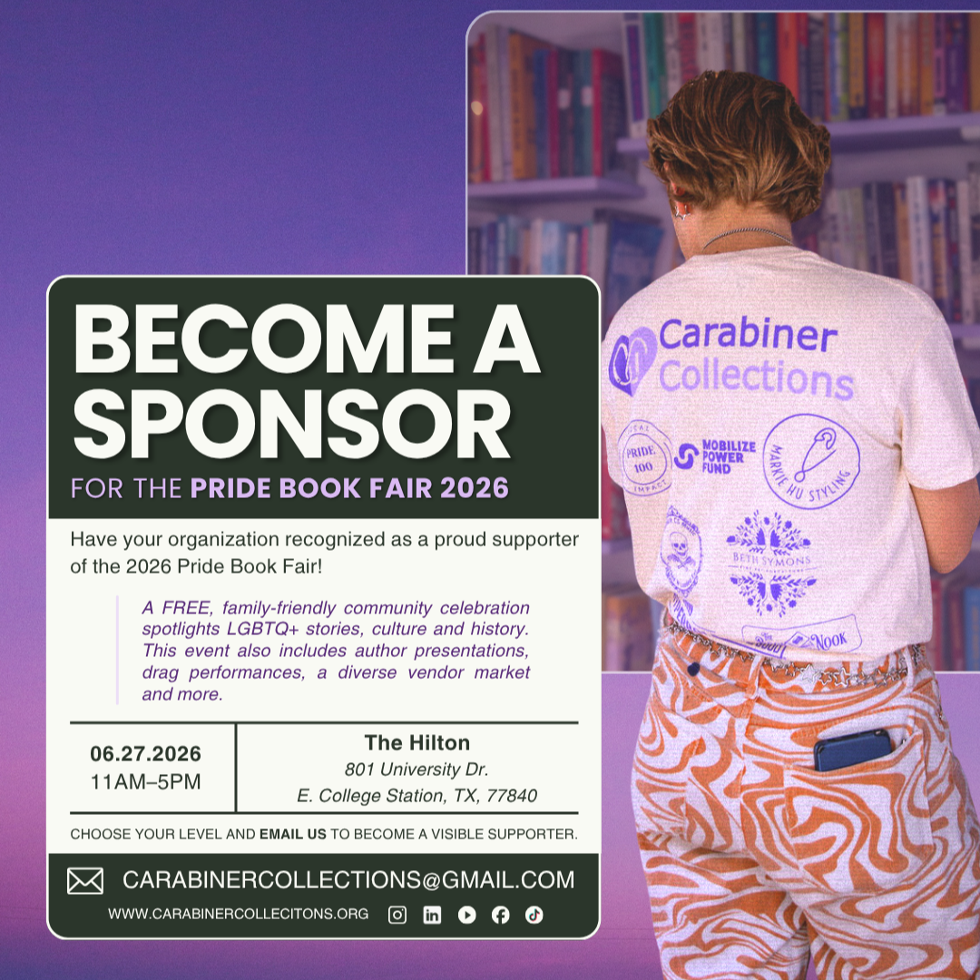 "Become a Sponsor" Graphic describing the Pride Book Fair 2026, and encouraging sponsor ship from other organizations. The background features an example of a volunteer browsing a collection of books with sponsor logos on the back of his t-shirt