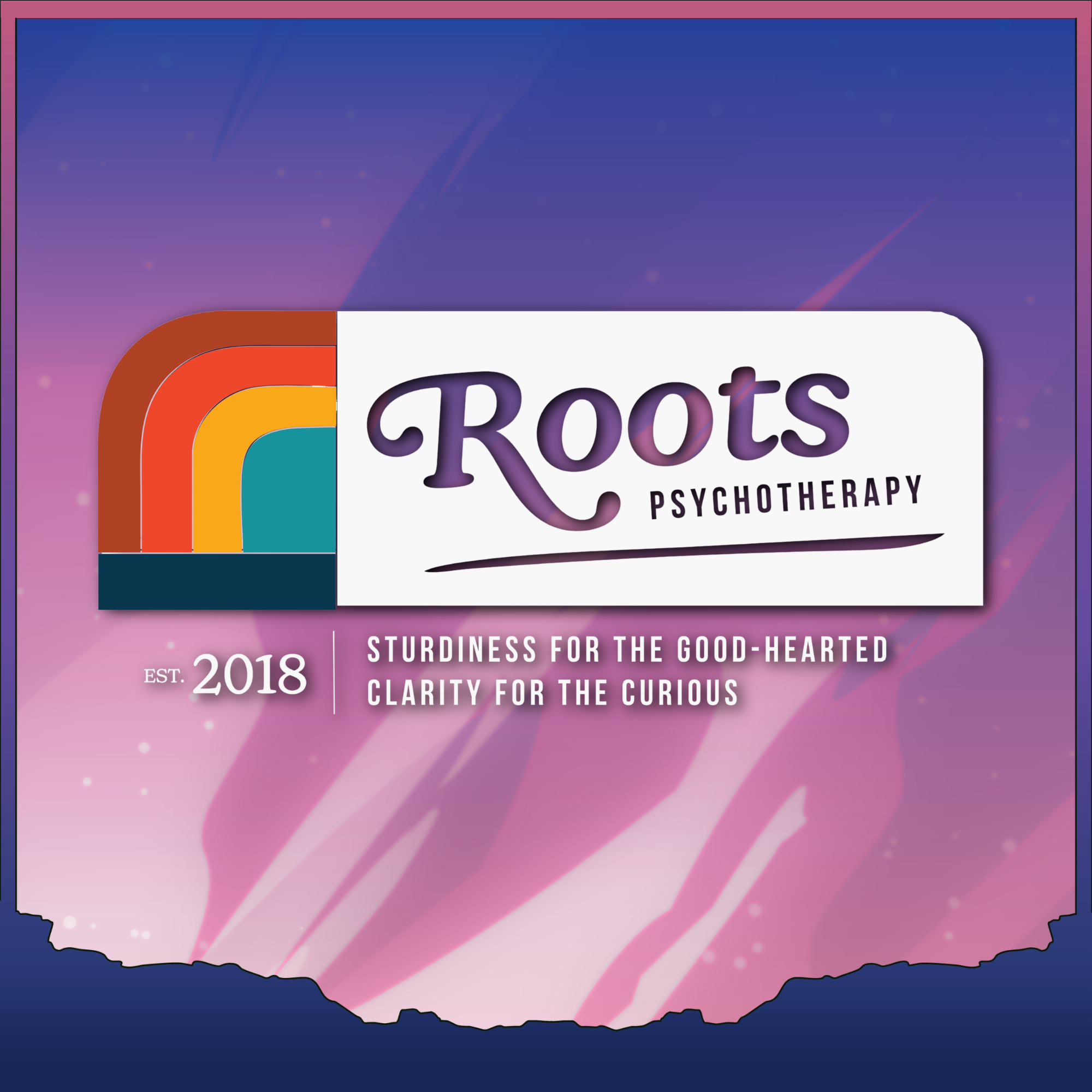 Roots Psychotherapy Logo on top of a graphic representing the "Rainbow" level Sponsorship