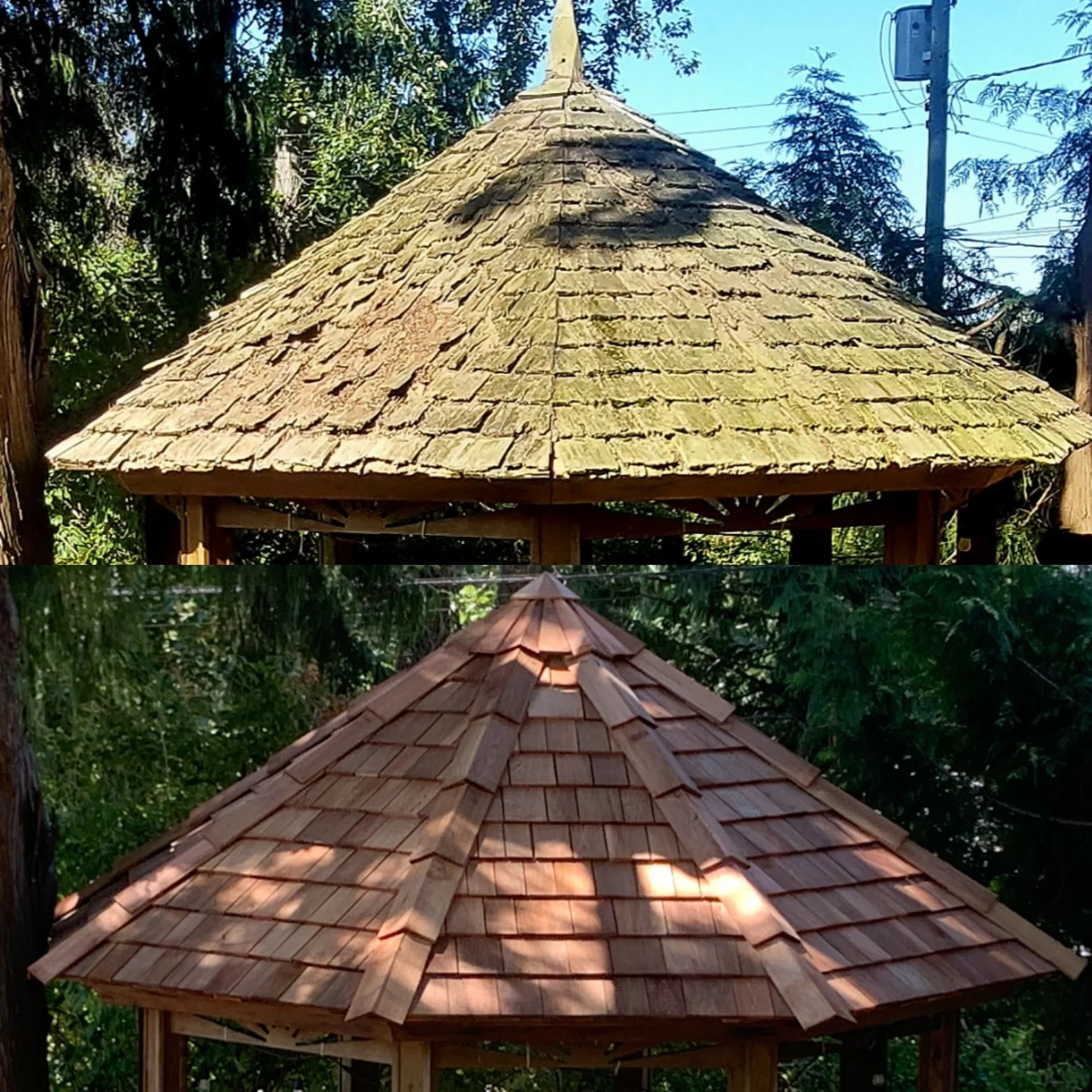 Custom Carpentry Services : Gazebo Roof replacement with custom entranceway Deck and Staircase installation.