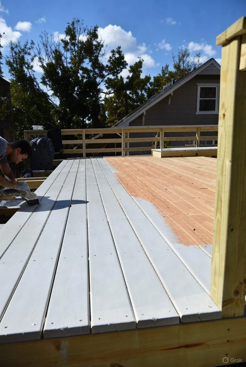 A person working on a deck construction, painting or staining the wooden planks while installing a wooden railing on the deck, with partly finished surface, neighboring house, trees, and a partly cloudy sky in the background.